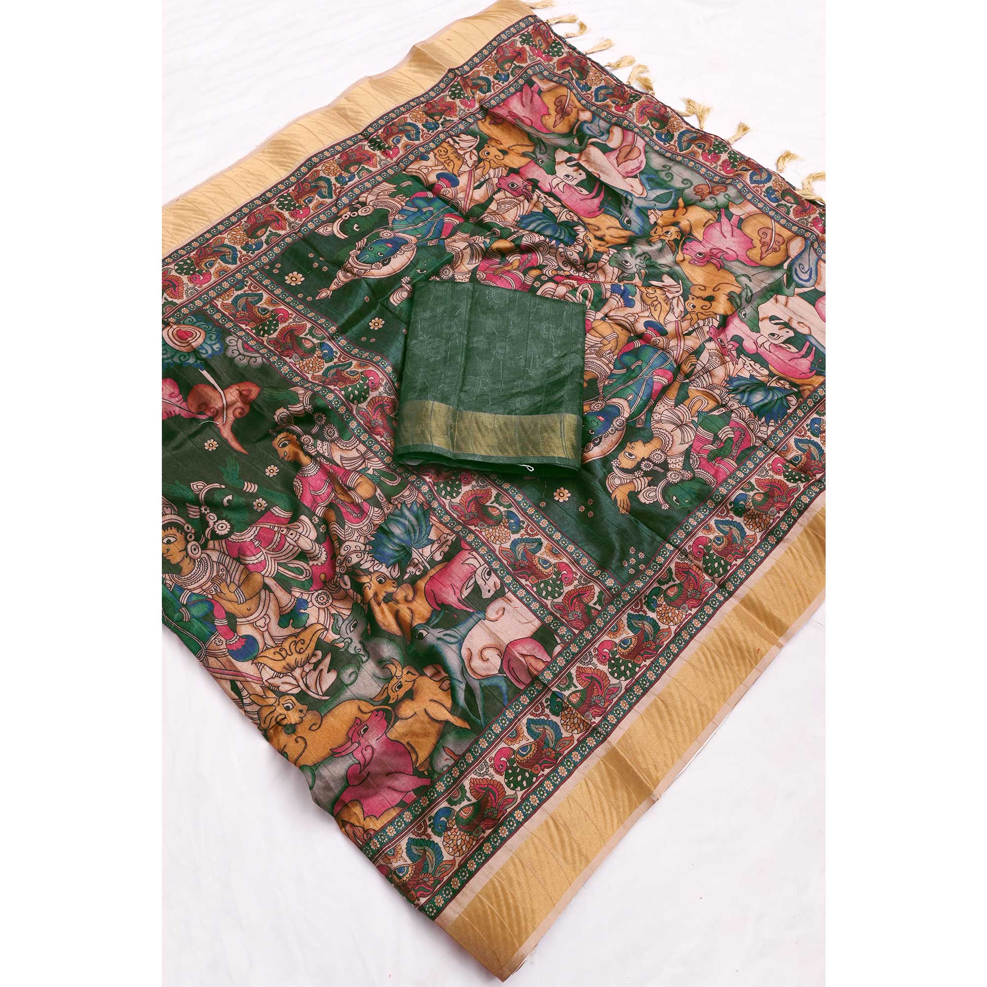 Green Printed Dola Silk Saree Adorned with Intricate Jacquard Border