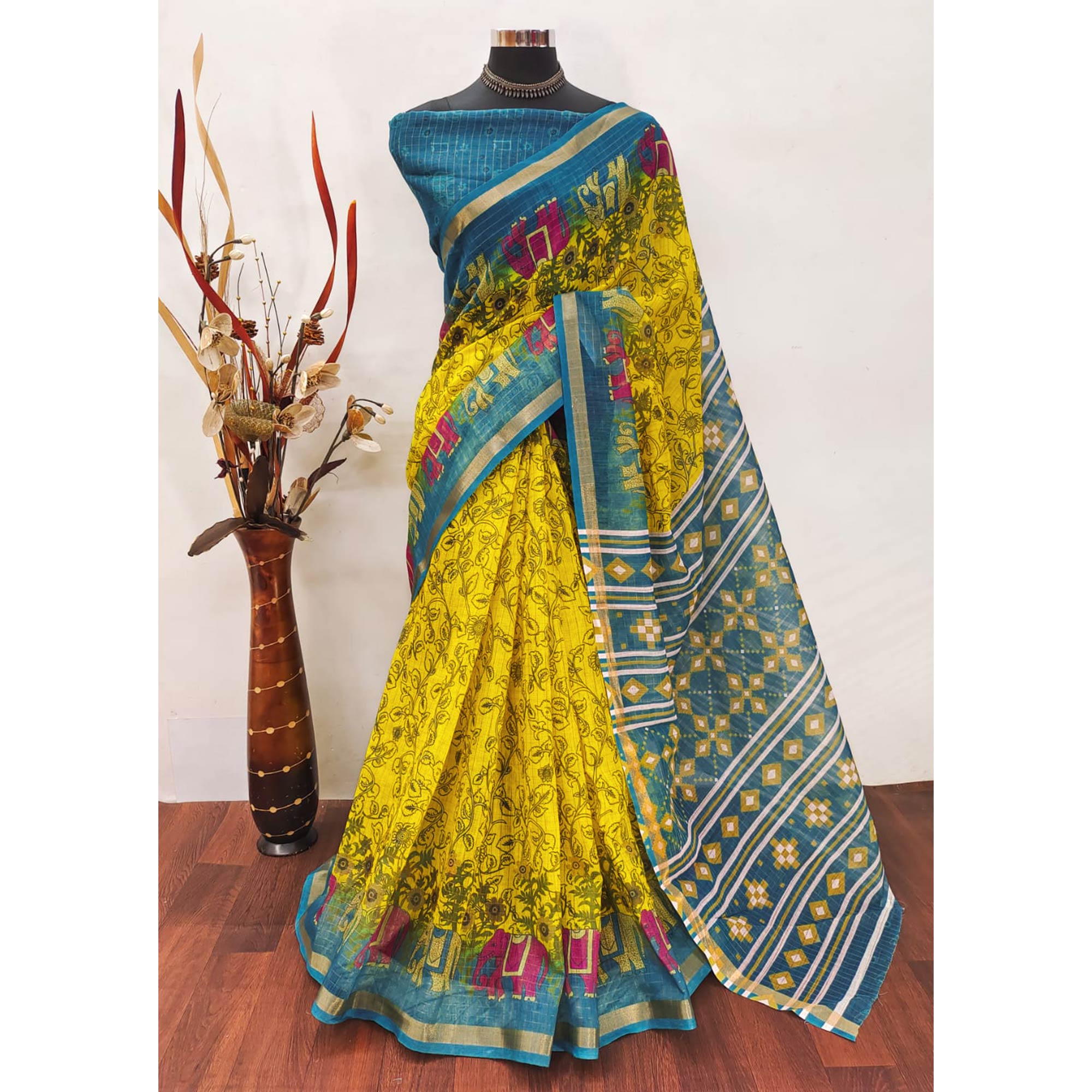 Green Checks Zari Woven With Printed Linen Saree