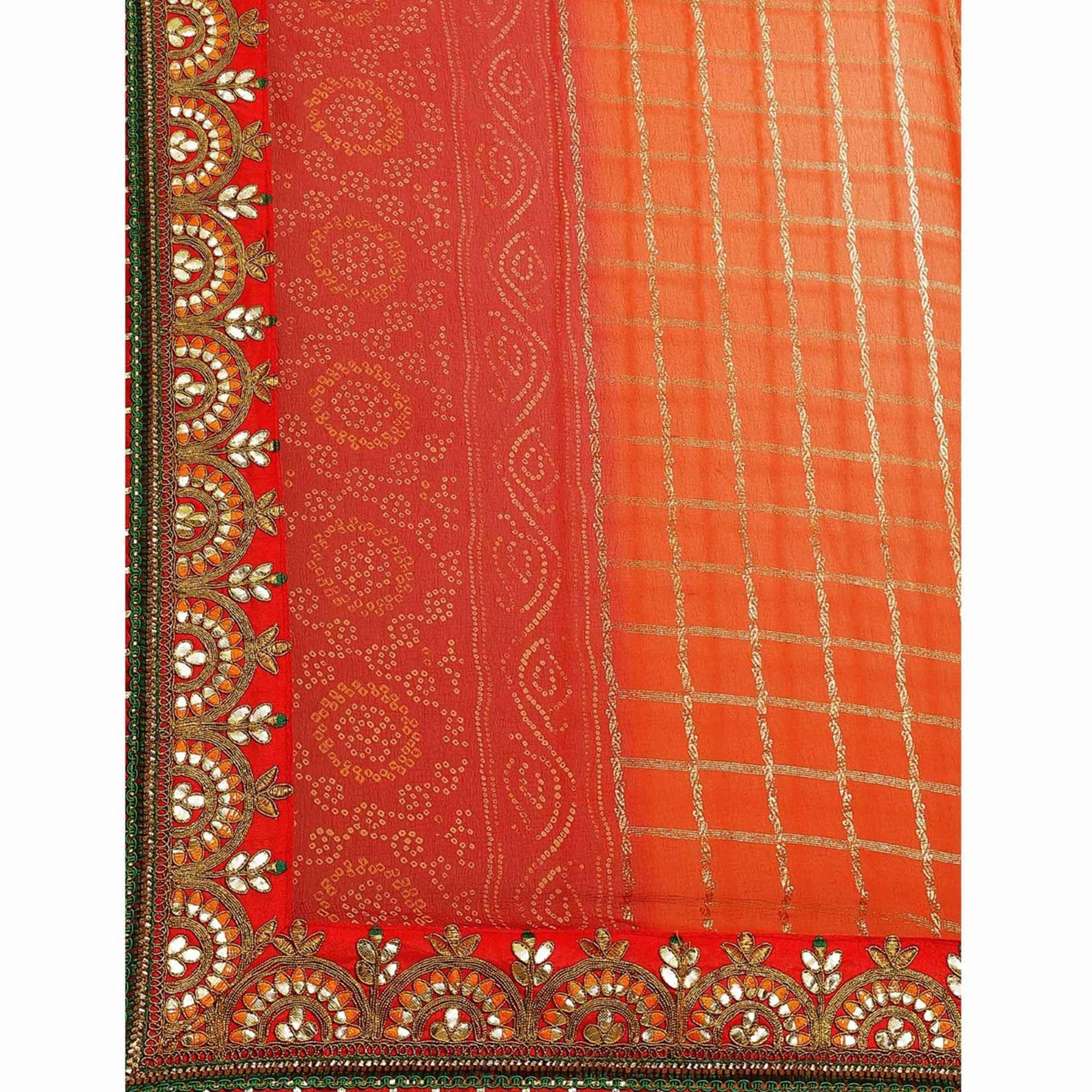Red & Orange Bandhani Foil Printed Chiffon Saree