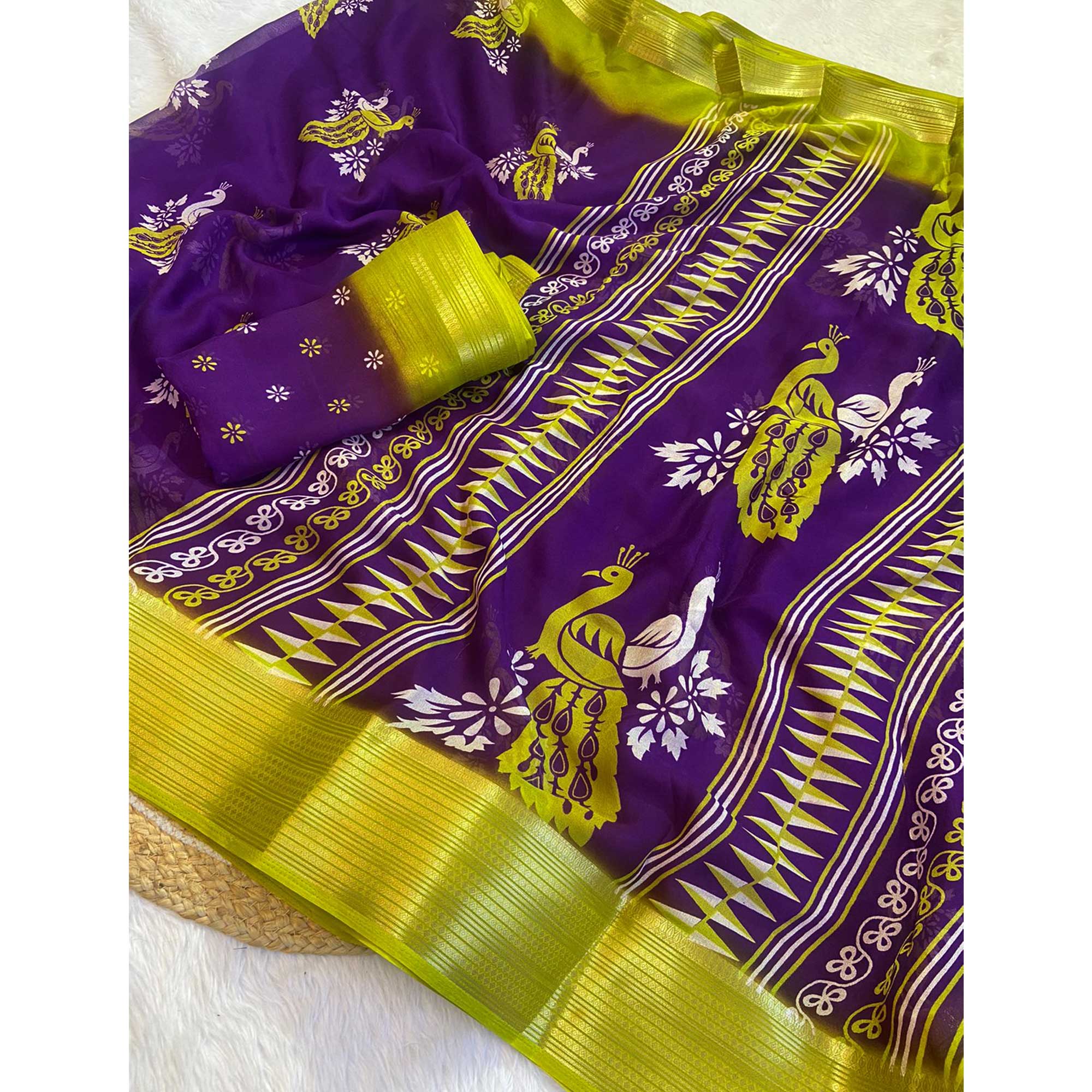 Purple Floral Printed Chiffon Saree