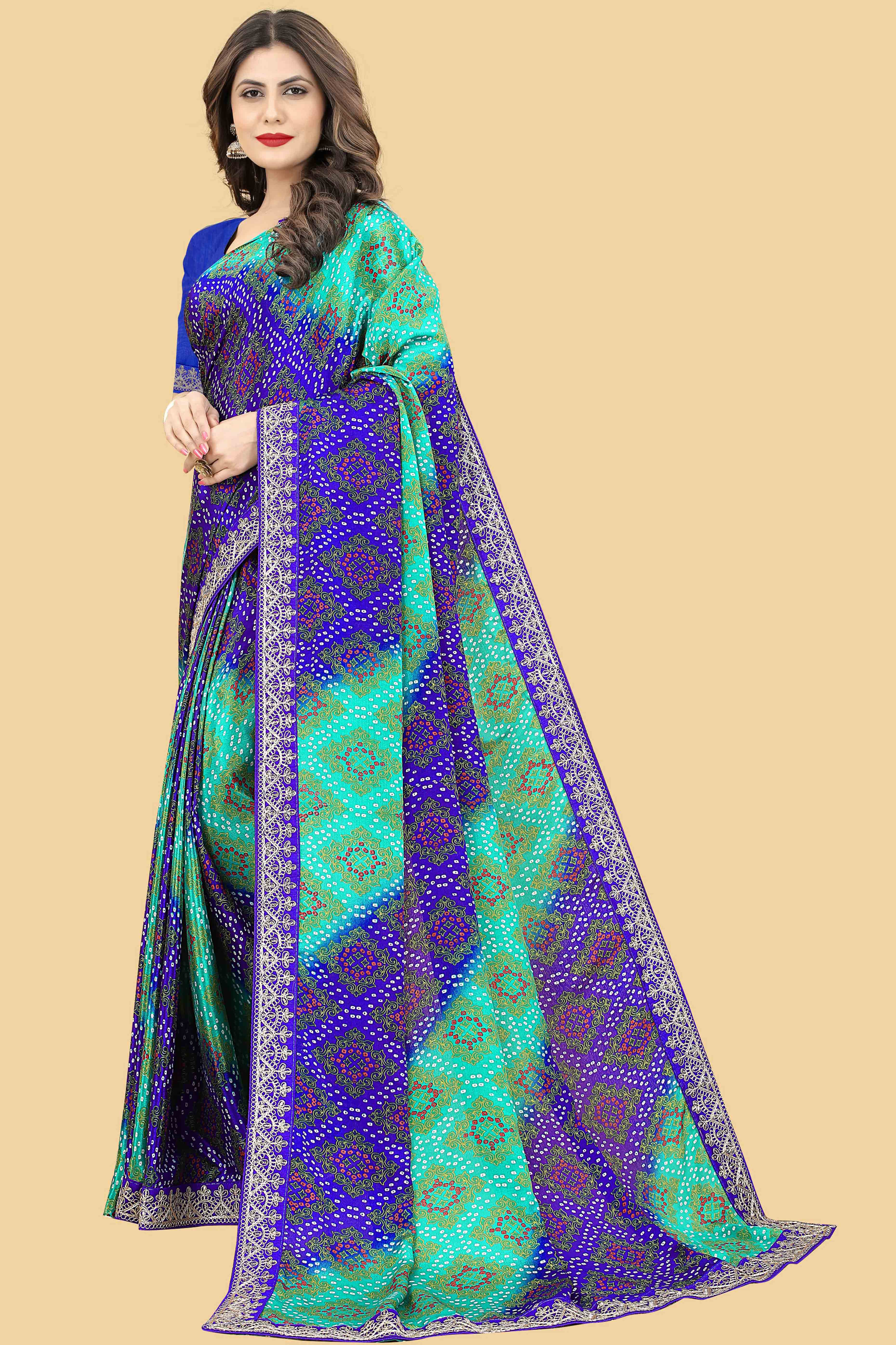 Blue & Turquoise Bandhani Printed Chinon Saree