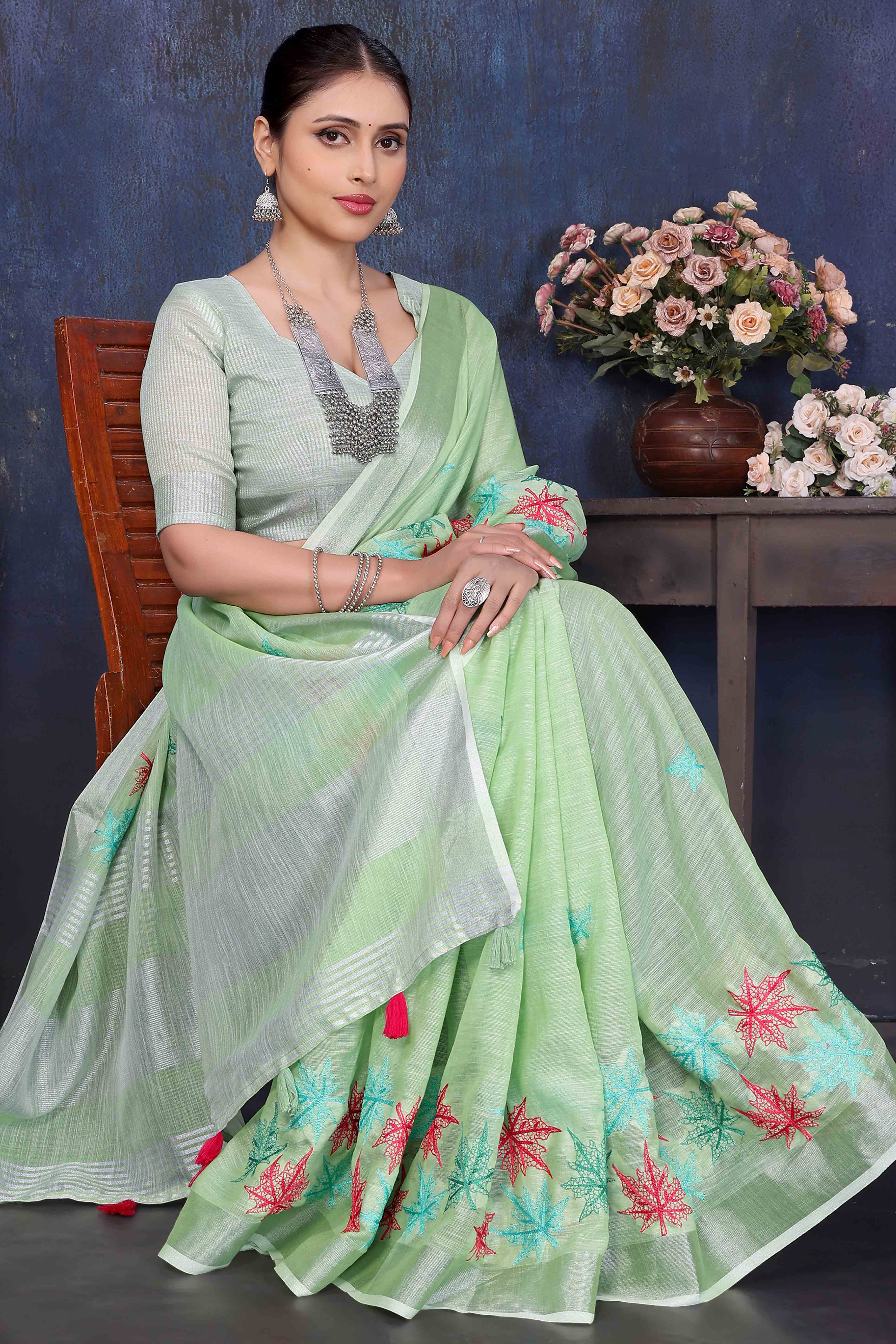 Green Floral Embroidered Cotton Silk Saree