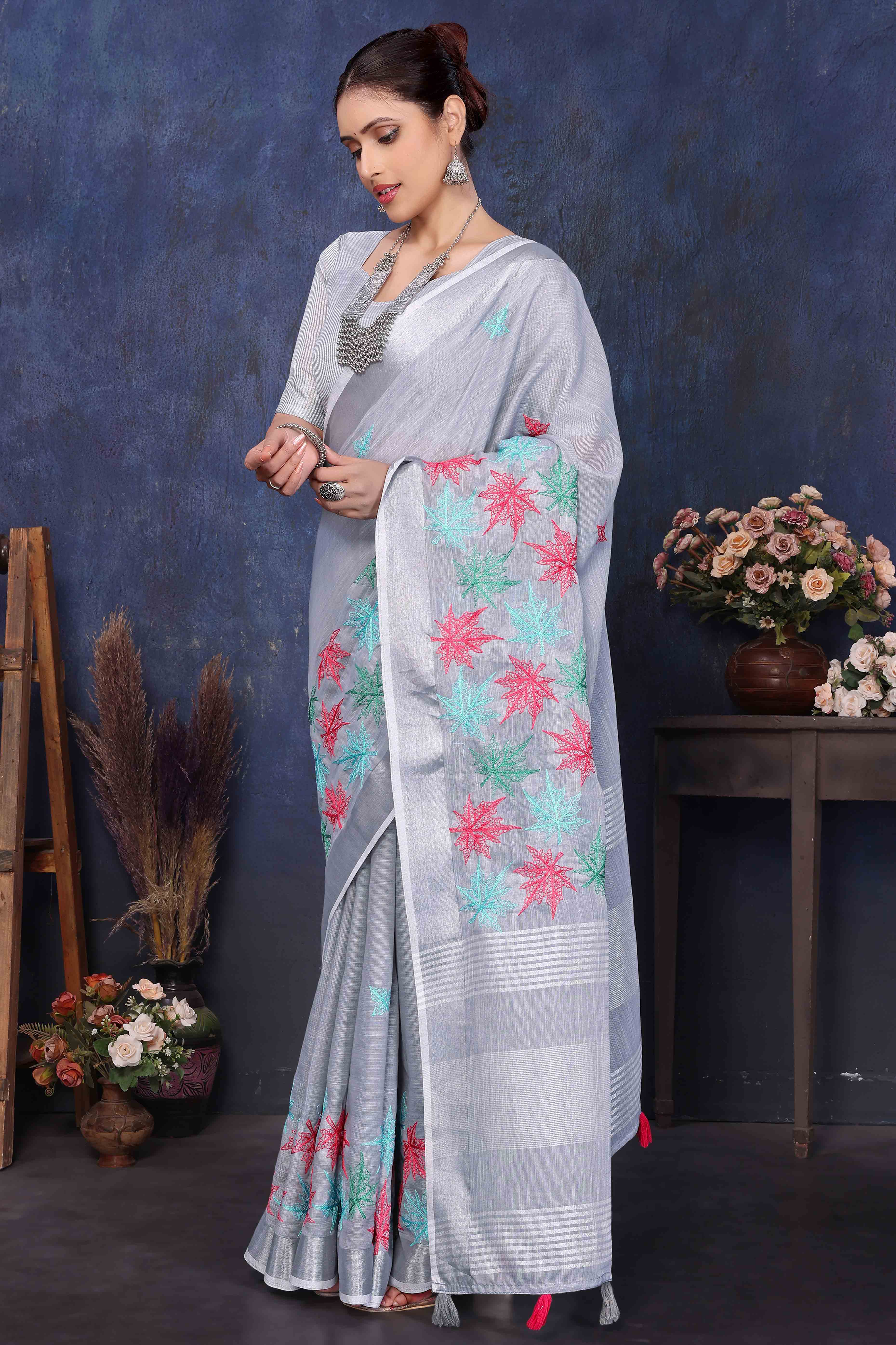 Grey Floral Embroidered Cotton Silk Saree