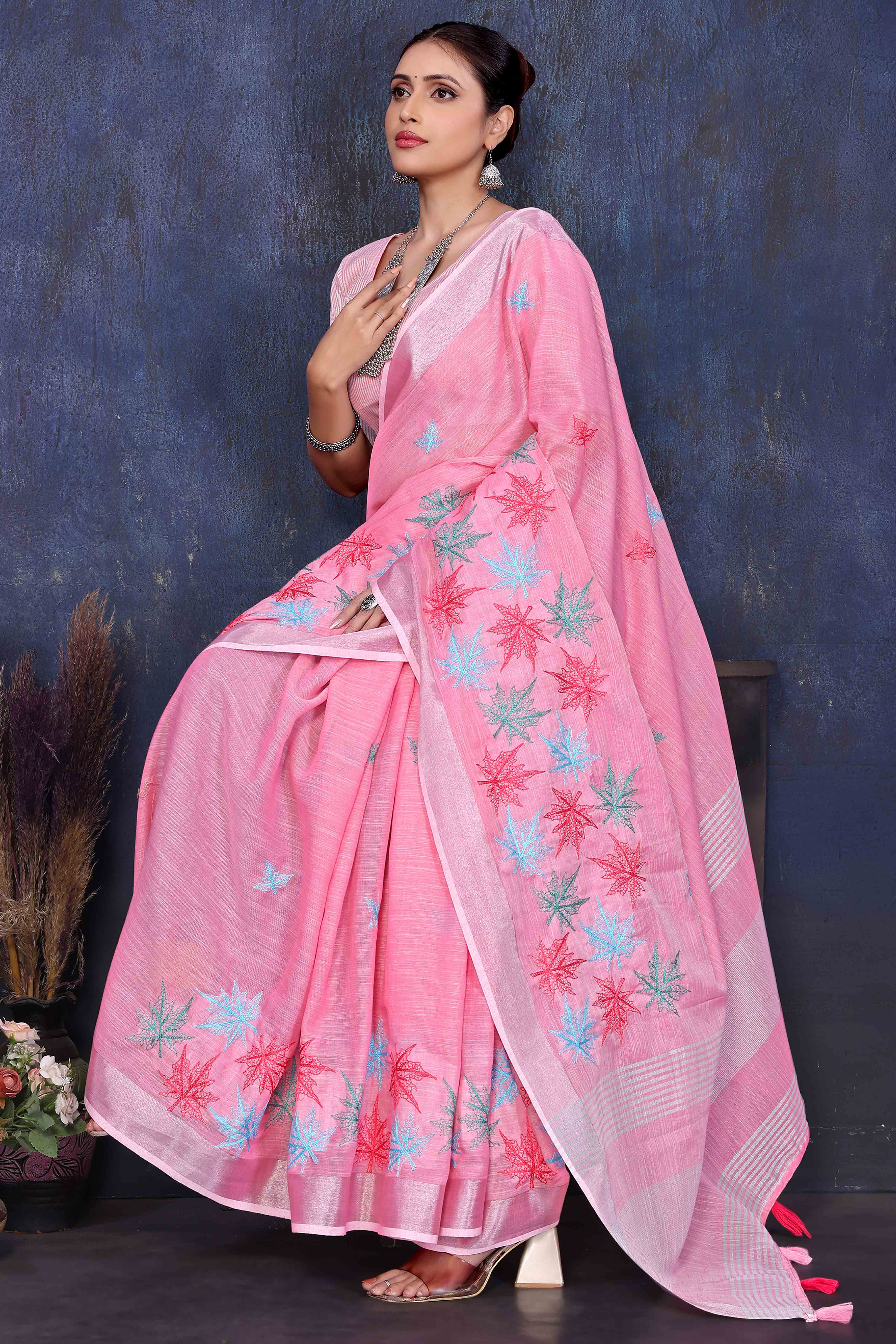 Pink Floral Embroidered Cotton Silk Saree