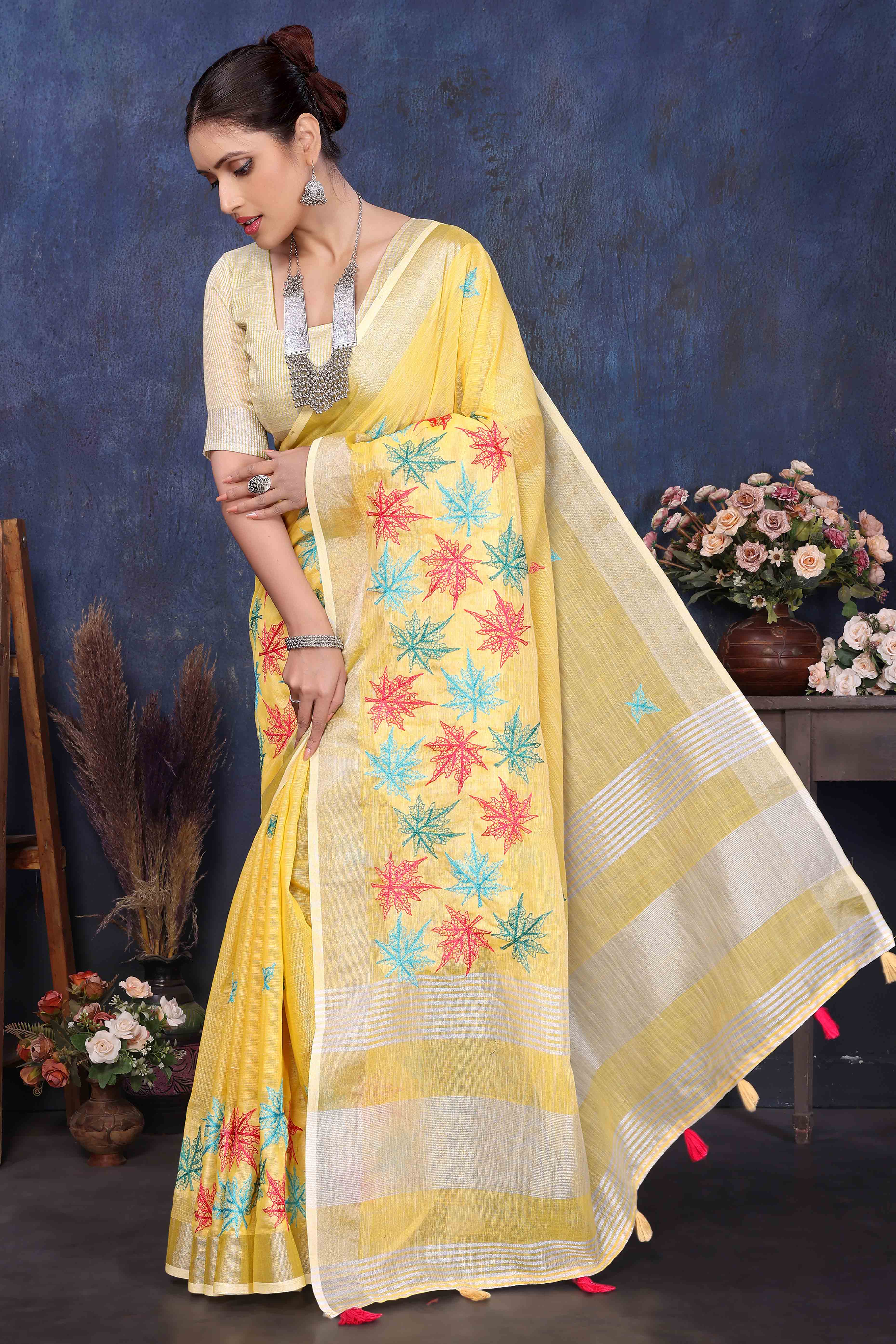 Yellow Floral Embroidered Cotton Silk Saree