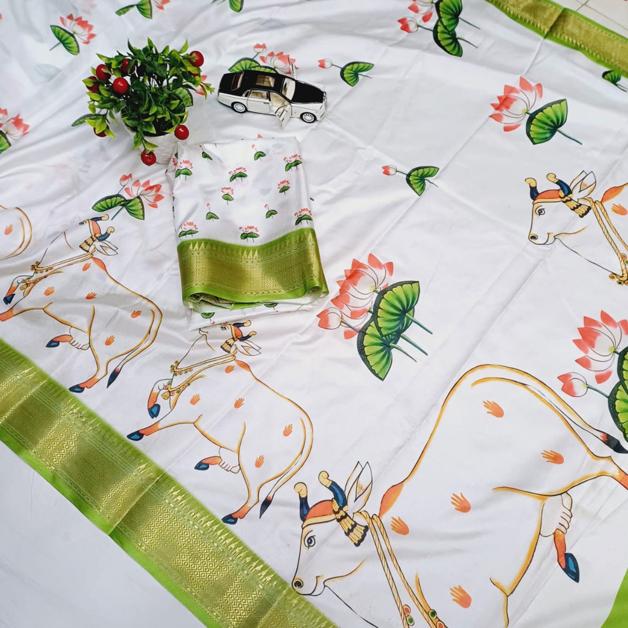 White Floral Printed Doal Silk Saree With Woven Broder