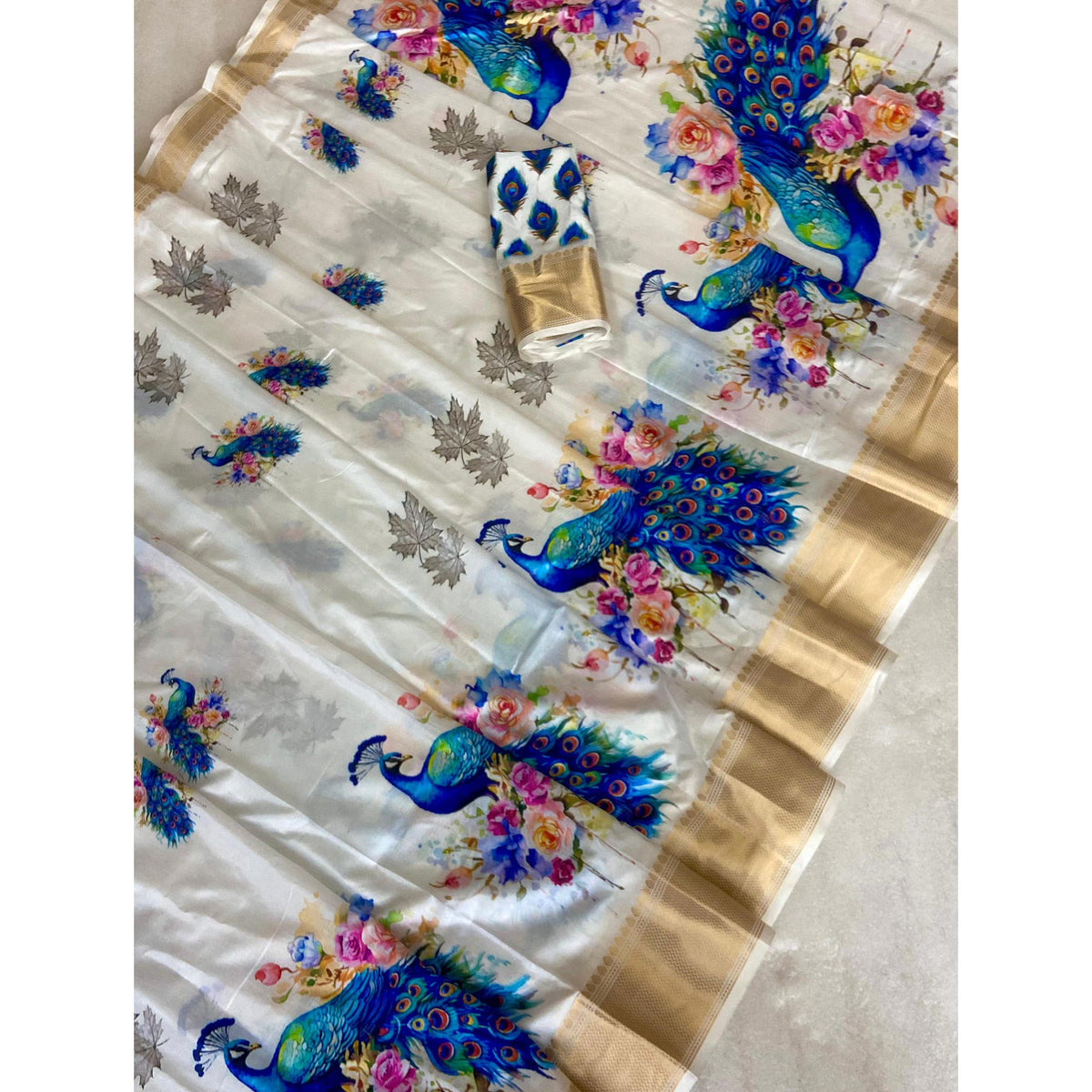 White & Blue Floral Printed Dola Silk Saree With Woven Broder
