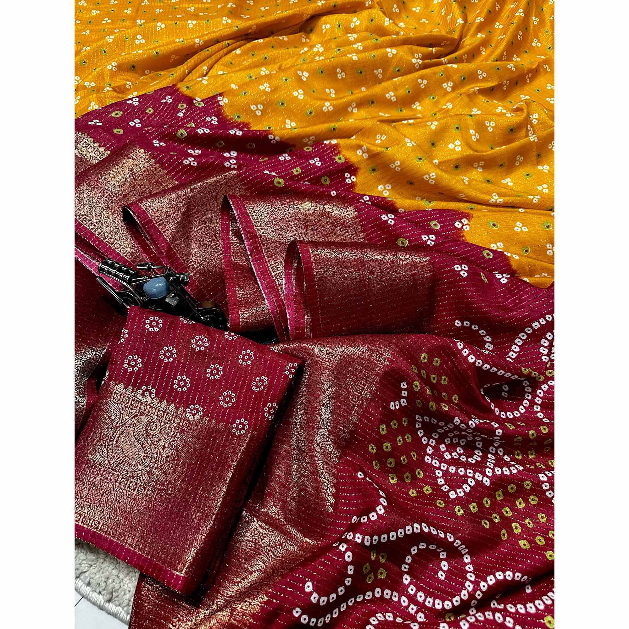 Mustard Saree in Dola Silk with All-Over Bandhani Print and Zari Highlights