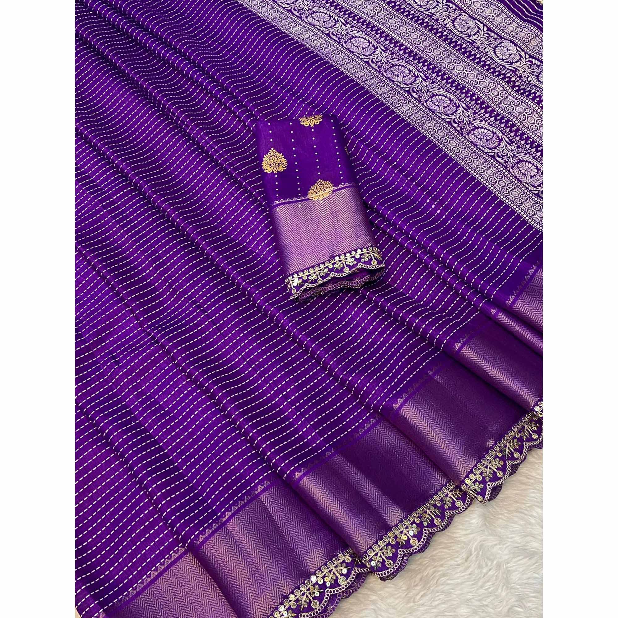 Royal Purple Floral Printed Dola Silk Saree With Woven Border