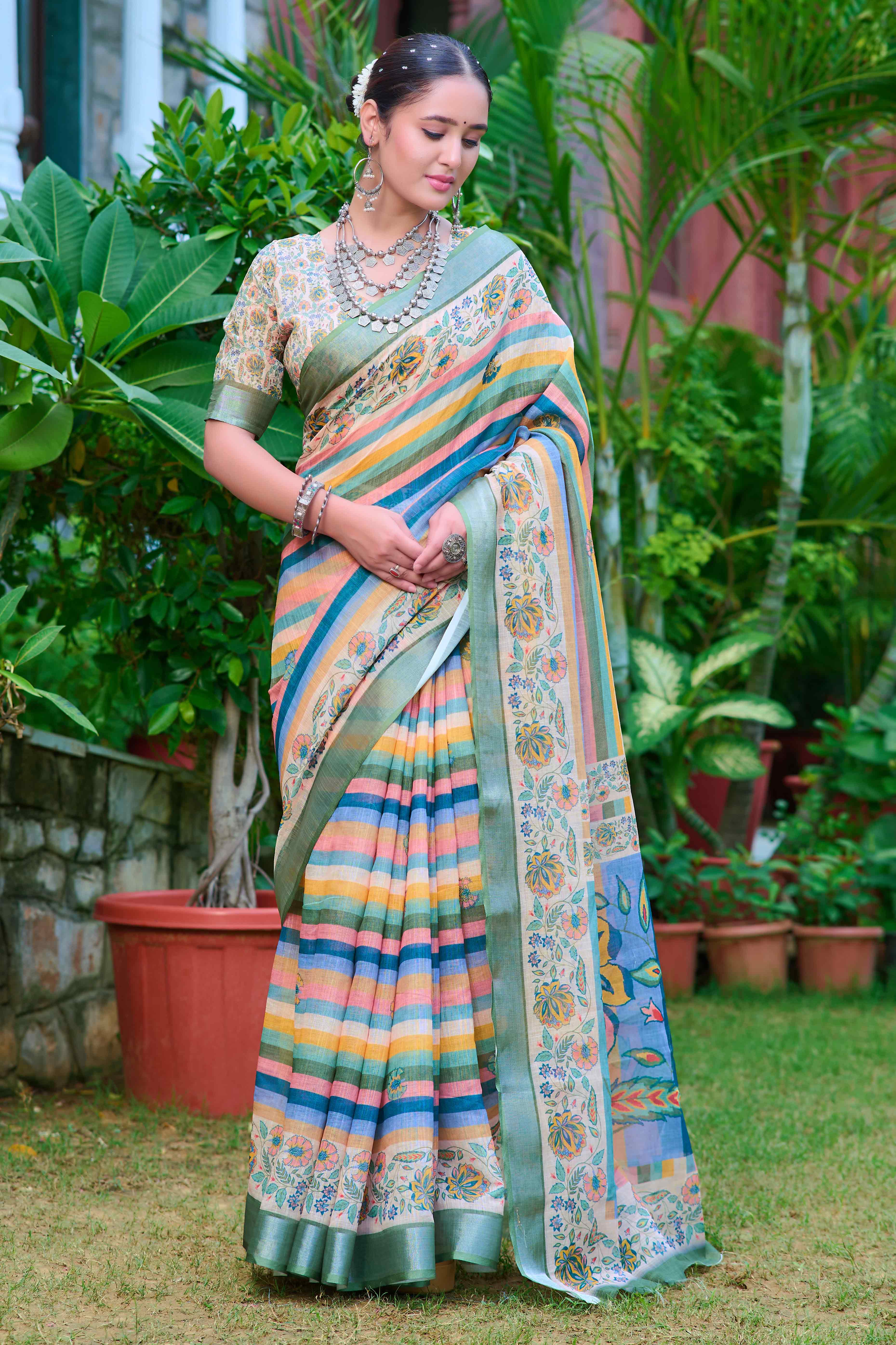 Beige Striped Printed Linen Saree