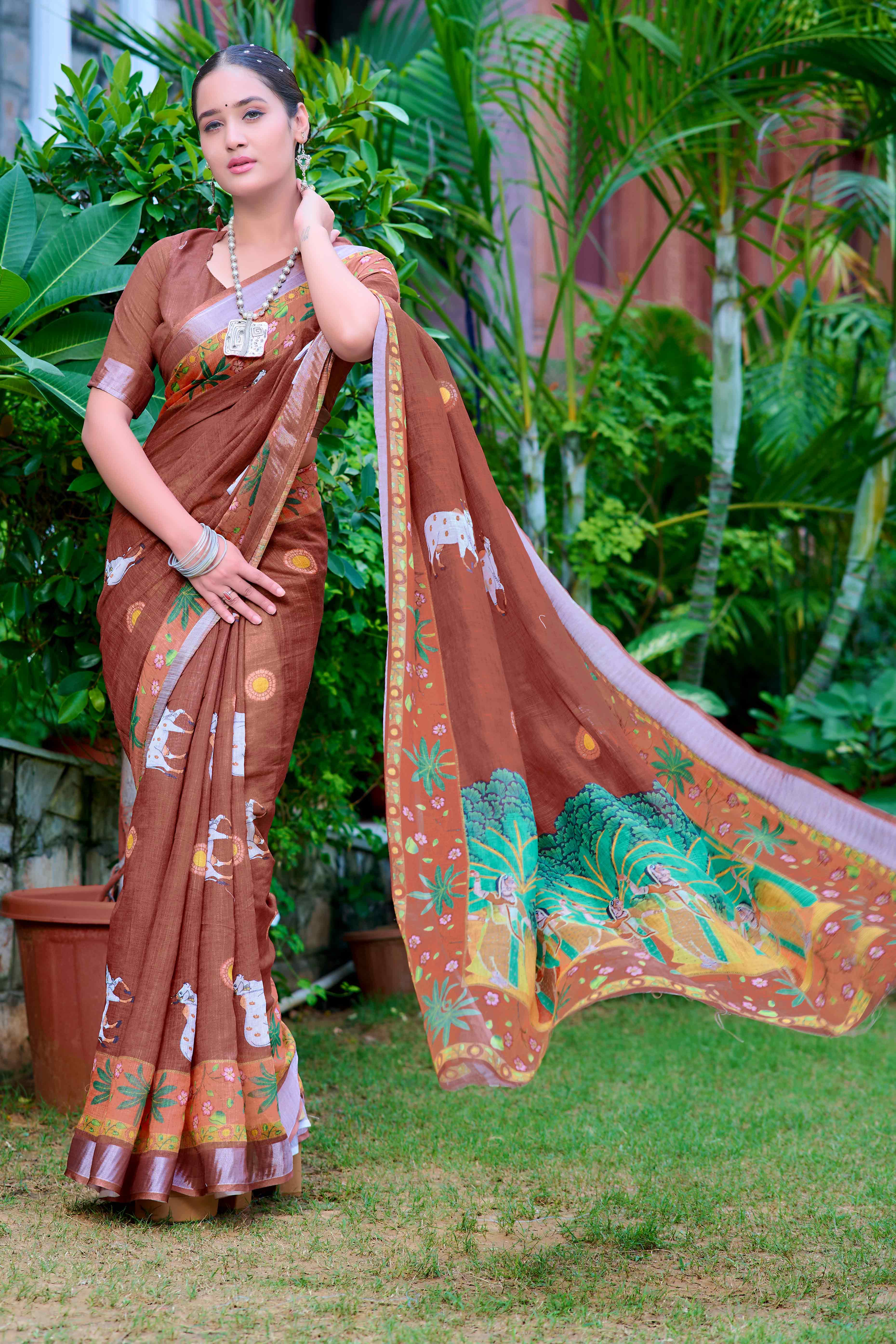 Brown Floral Printed Linen Saree