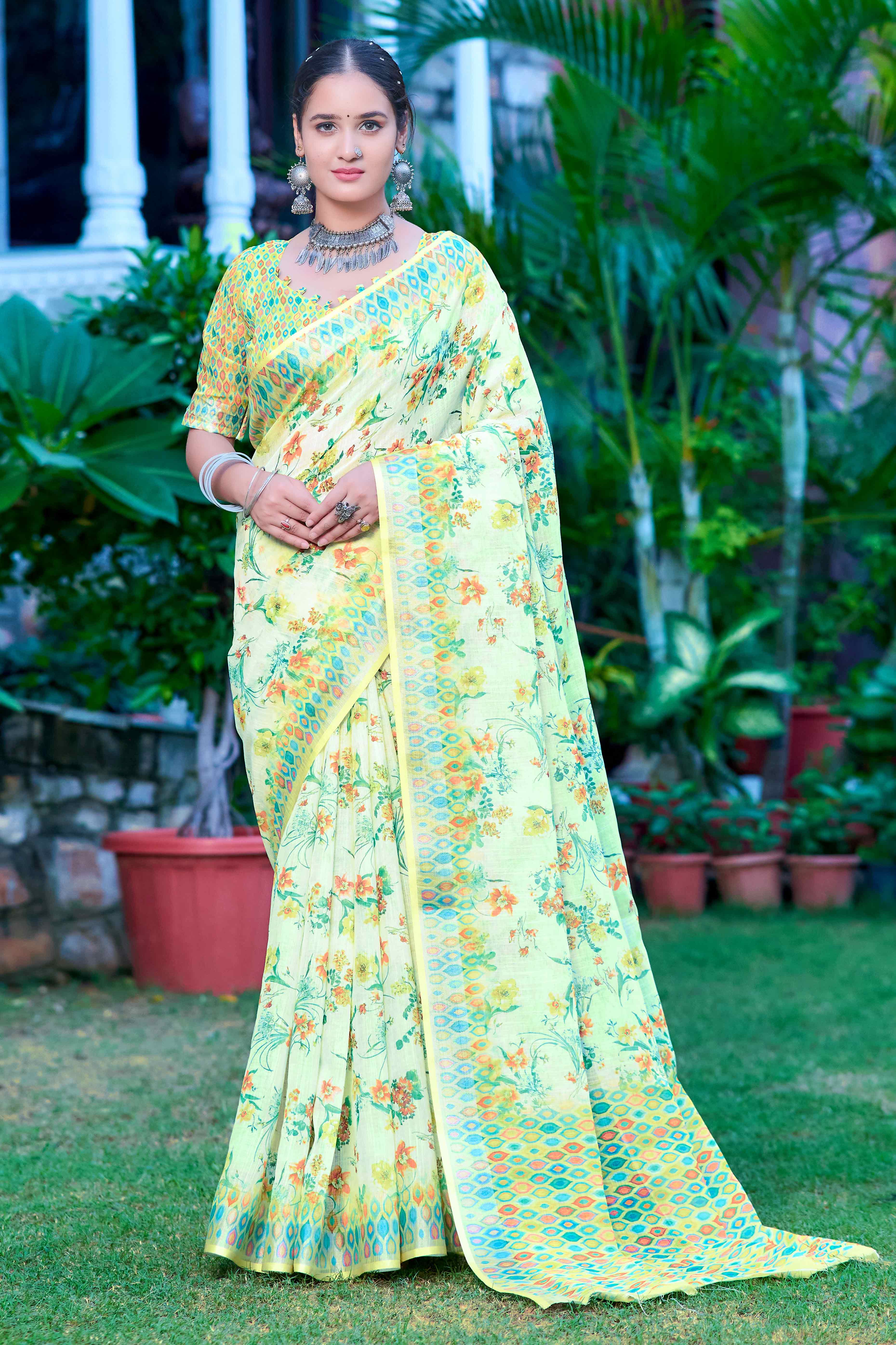 Green Floral Printed Linen Saree