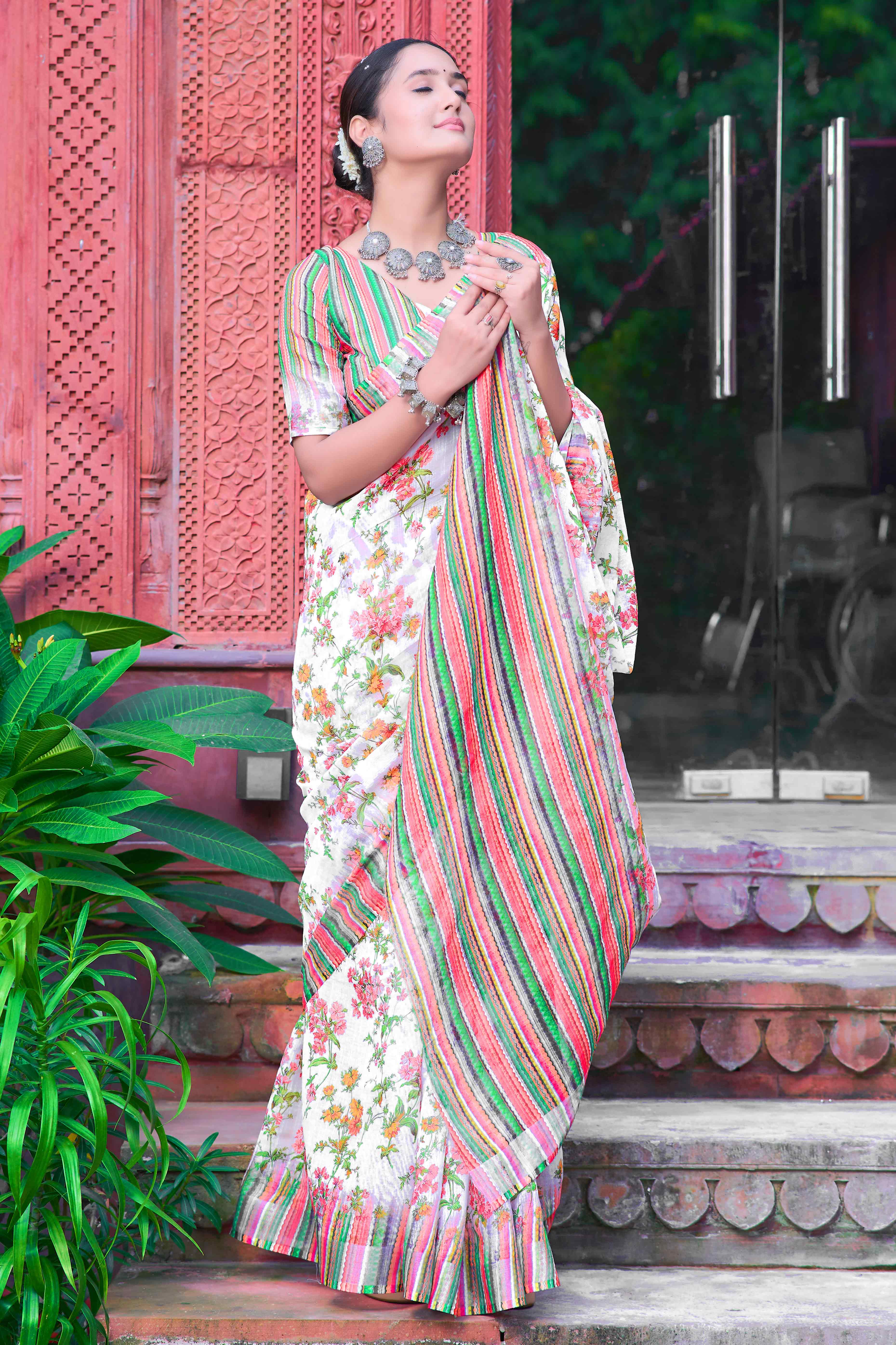 Off White Floral Printed Linen Saree