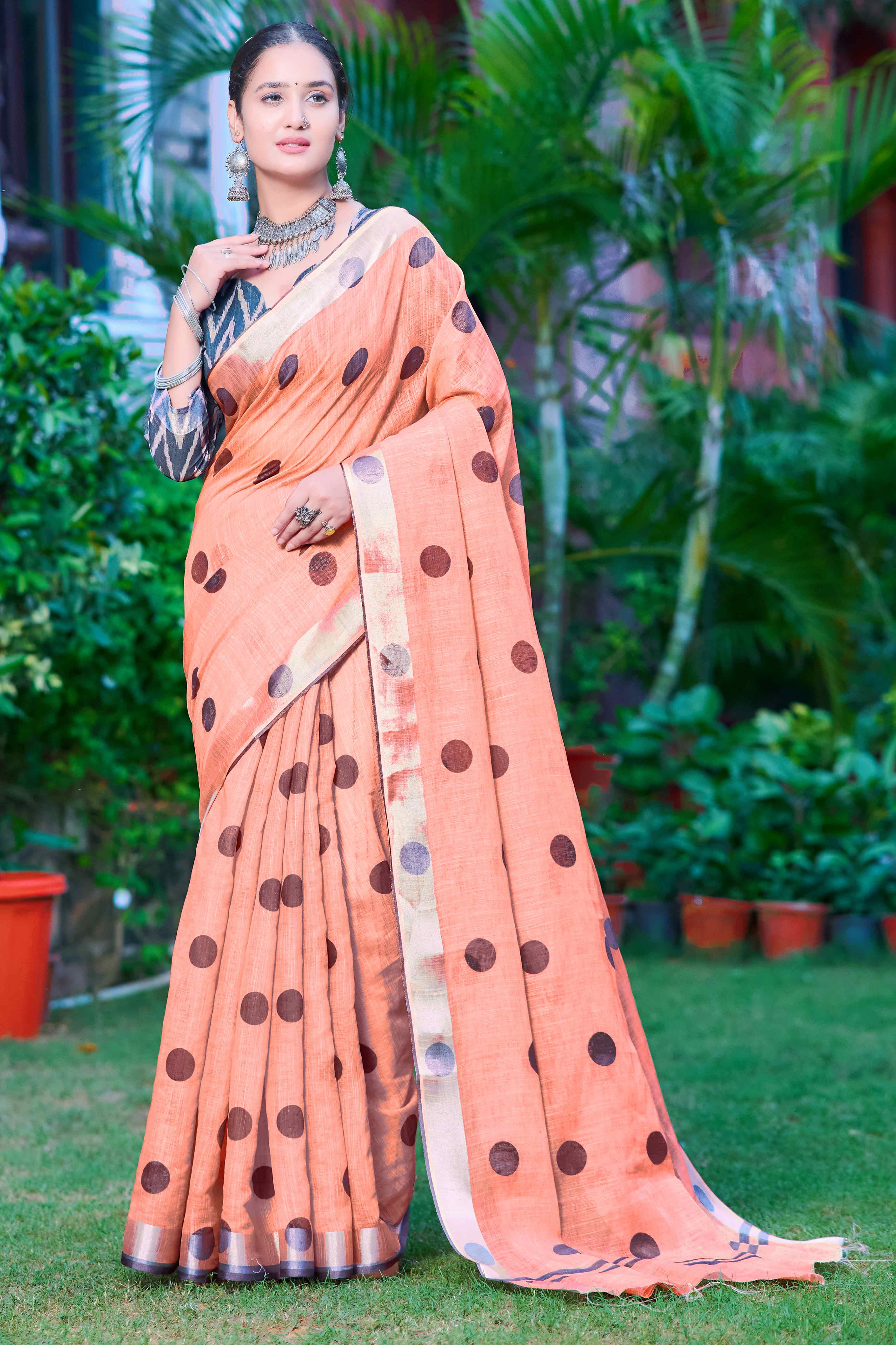 Peach Polka Dot Printed Linen Saree
