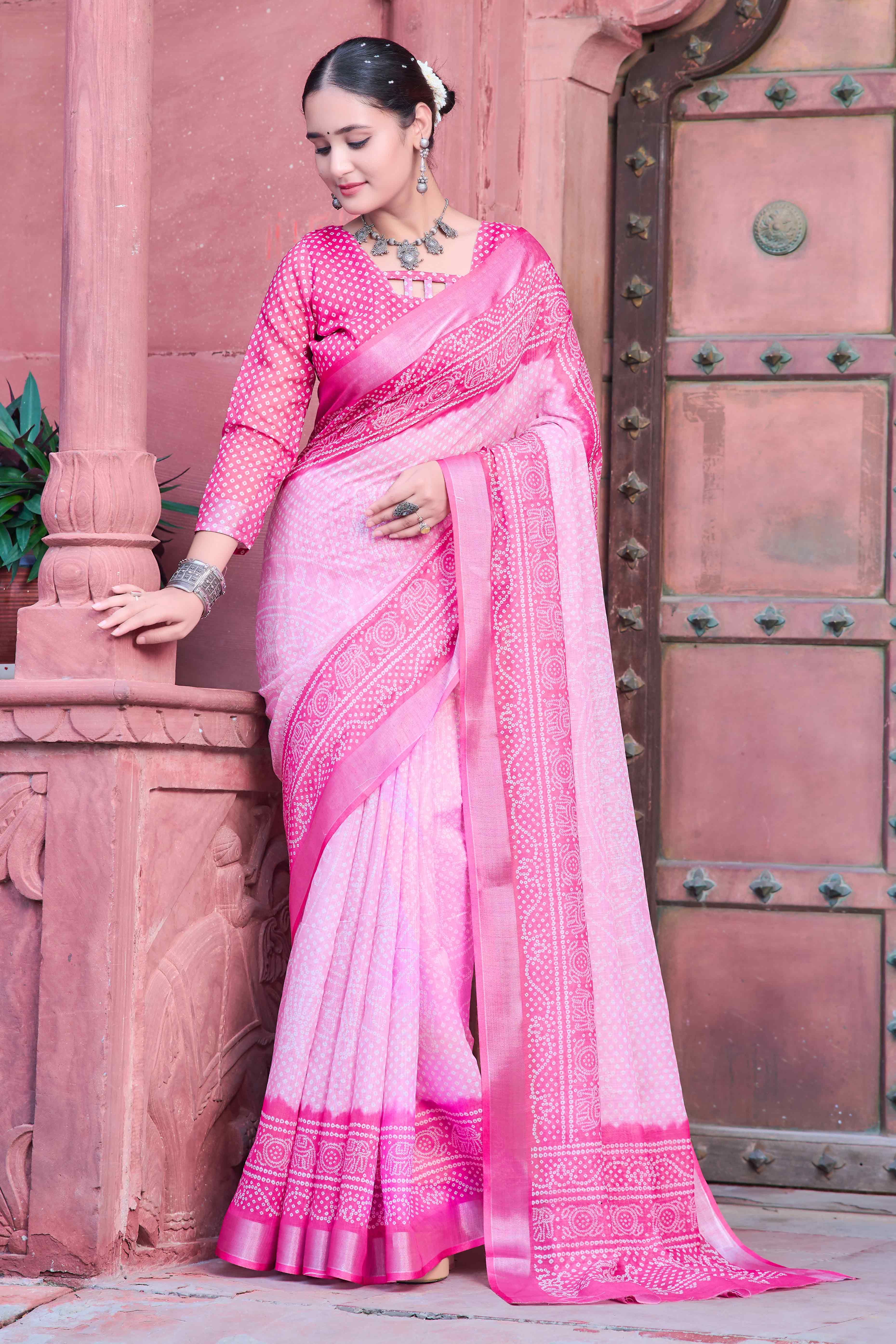 Pink Bandhani Printed Linen Saree