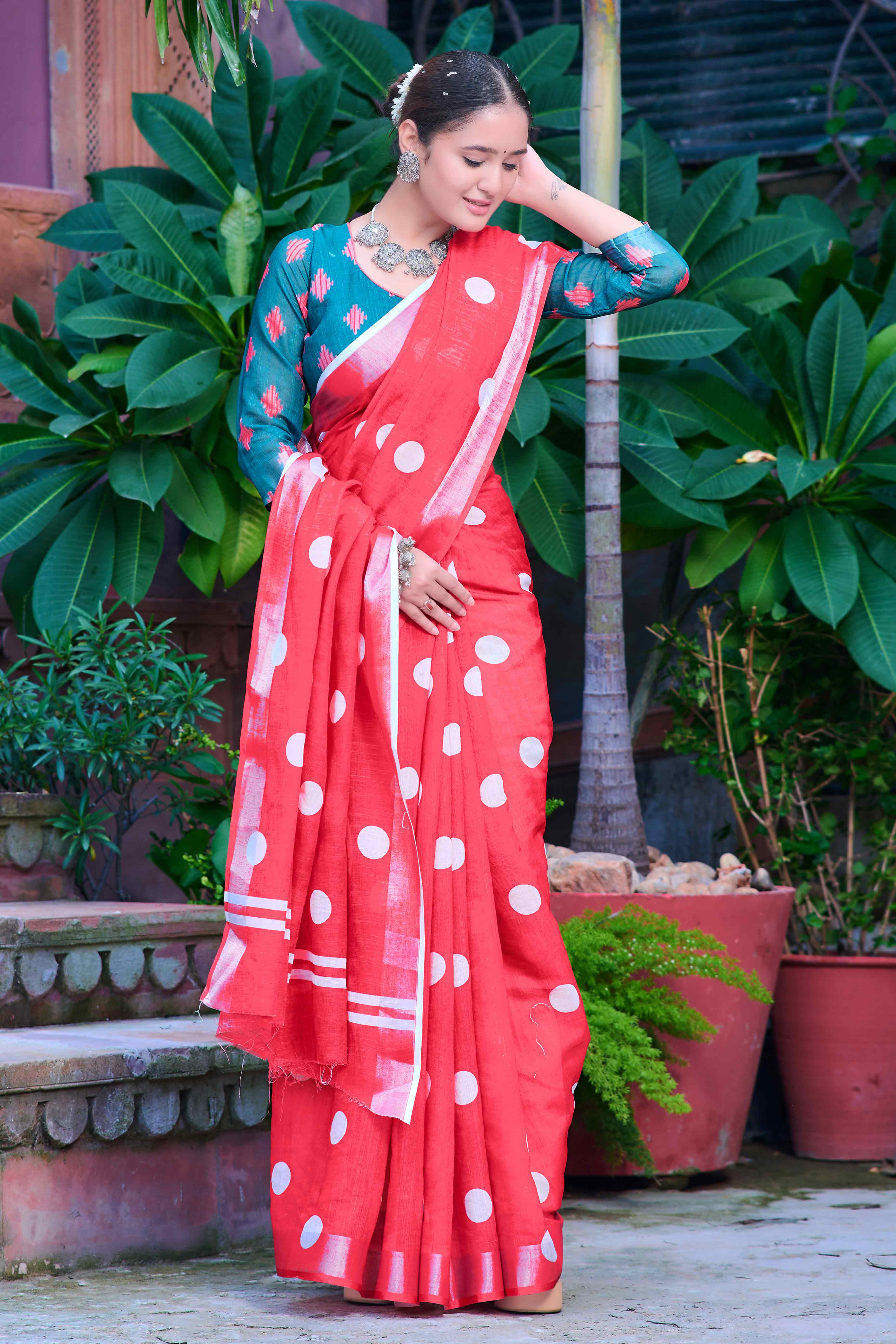 Red Polka Dot Printed Linen Saree