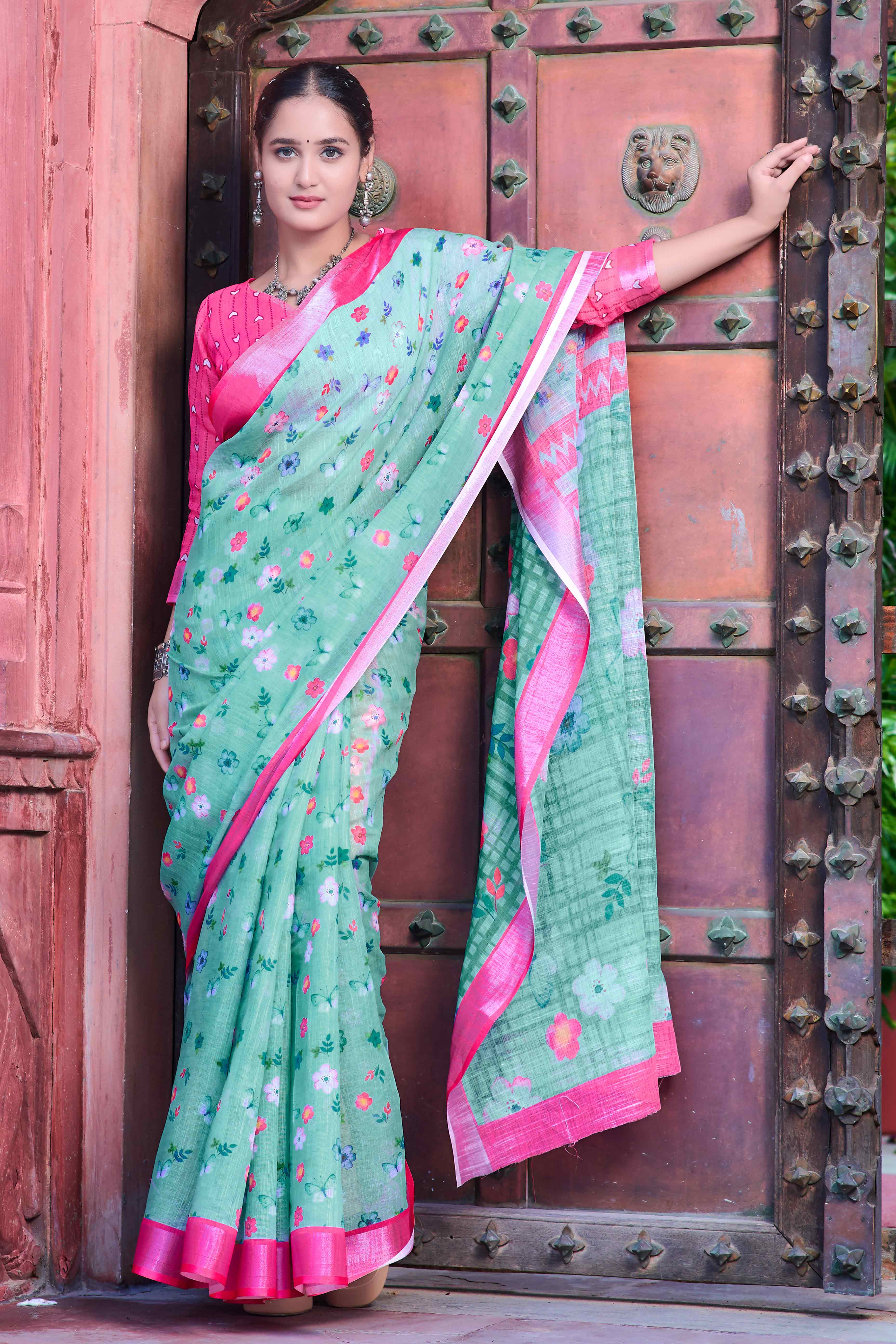 Sea Green Floral Printed Linen Saree