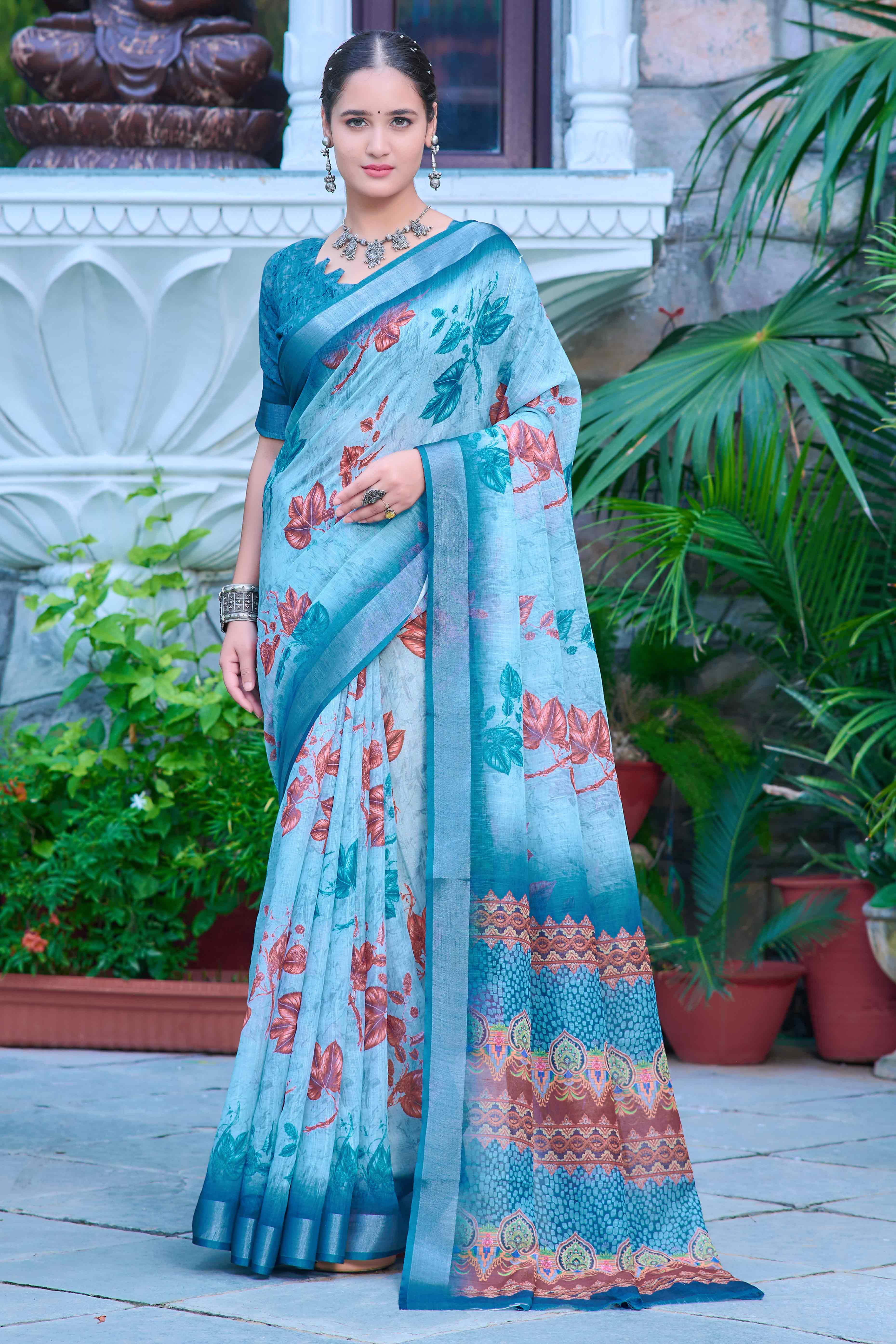 Sky Blue Floral Printed Linen Saree