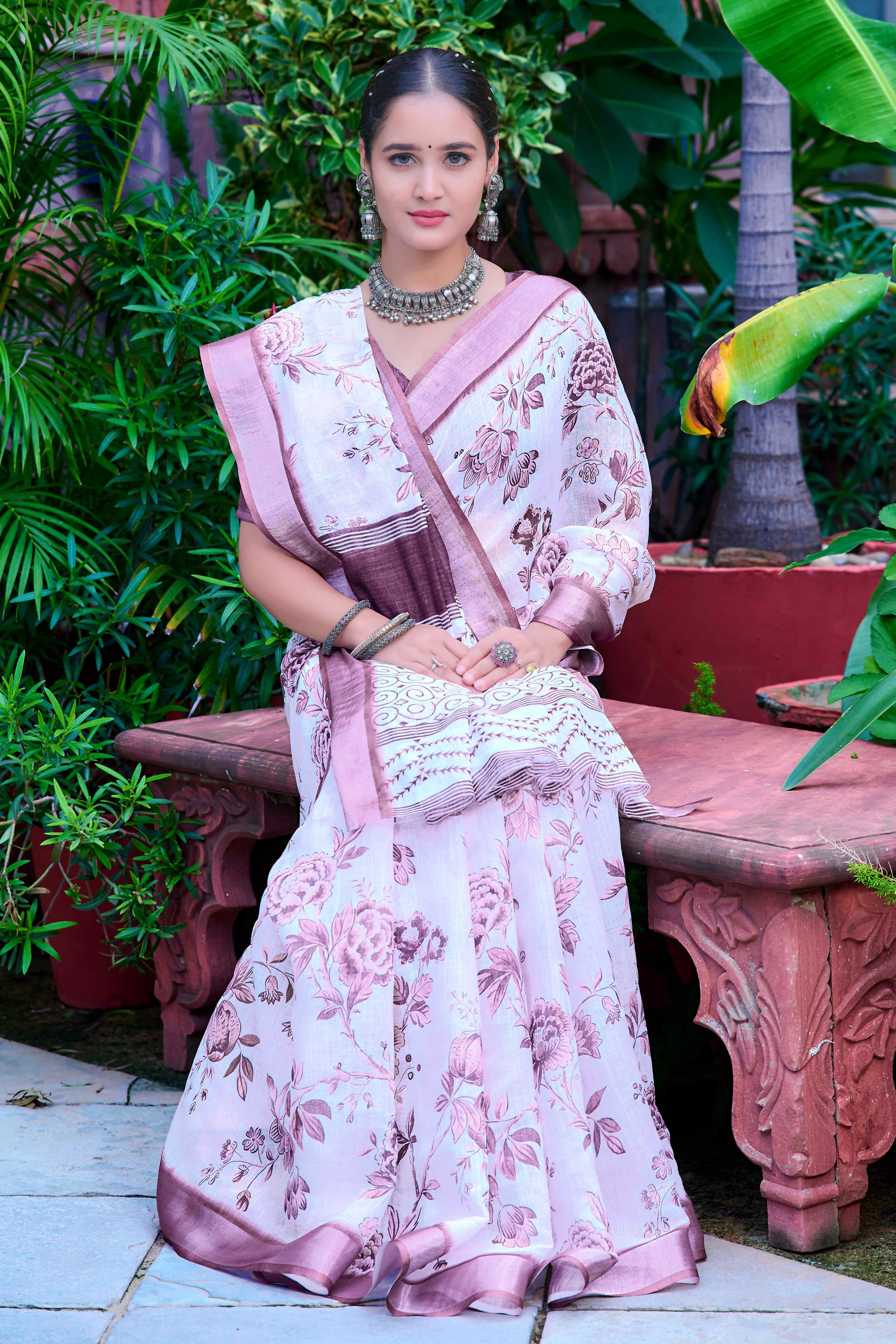 White Floral Printed Linen Saree