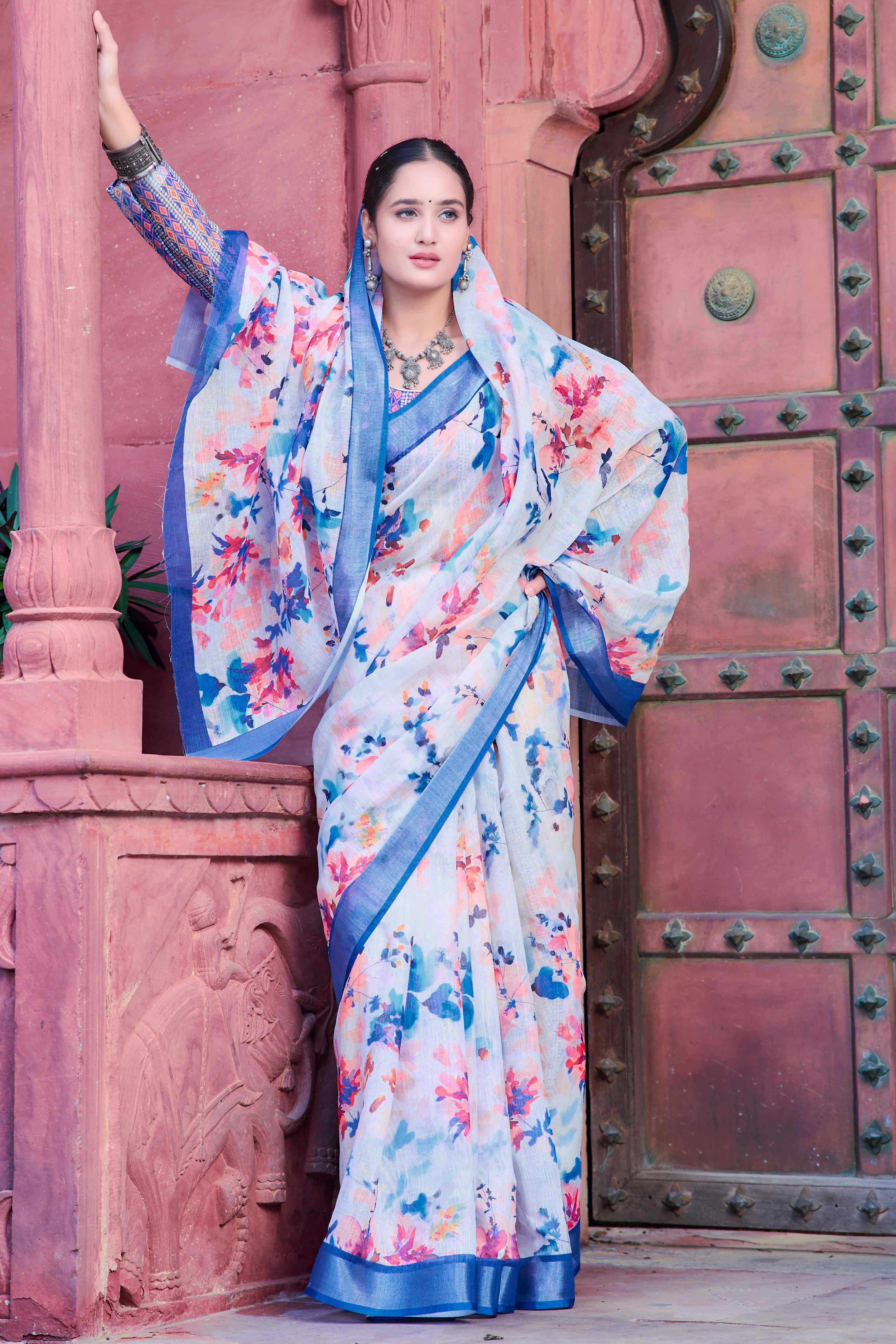 White Floral Printed Linen Saree