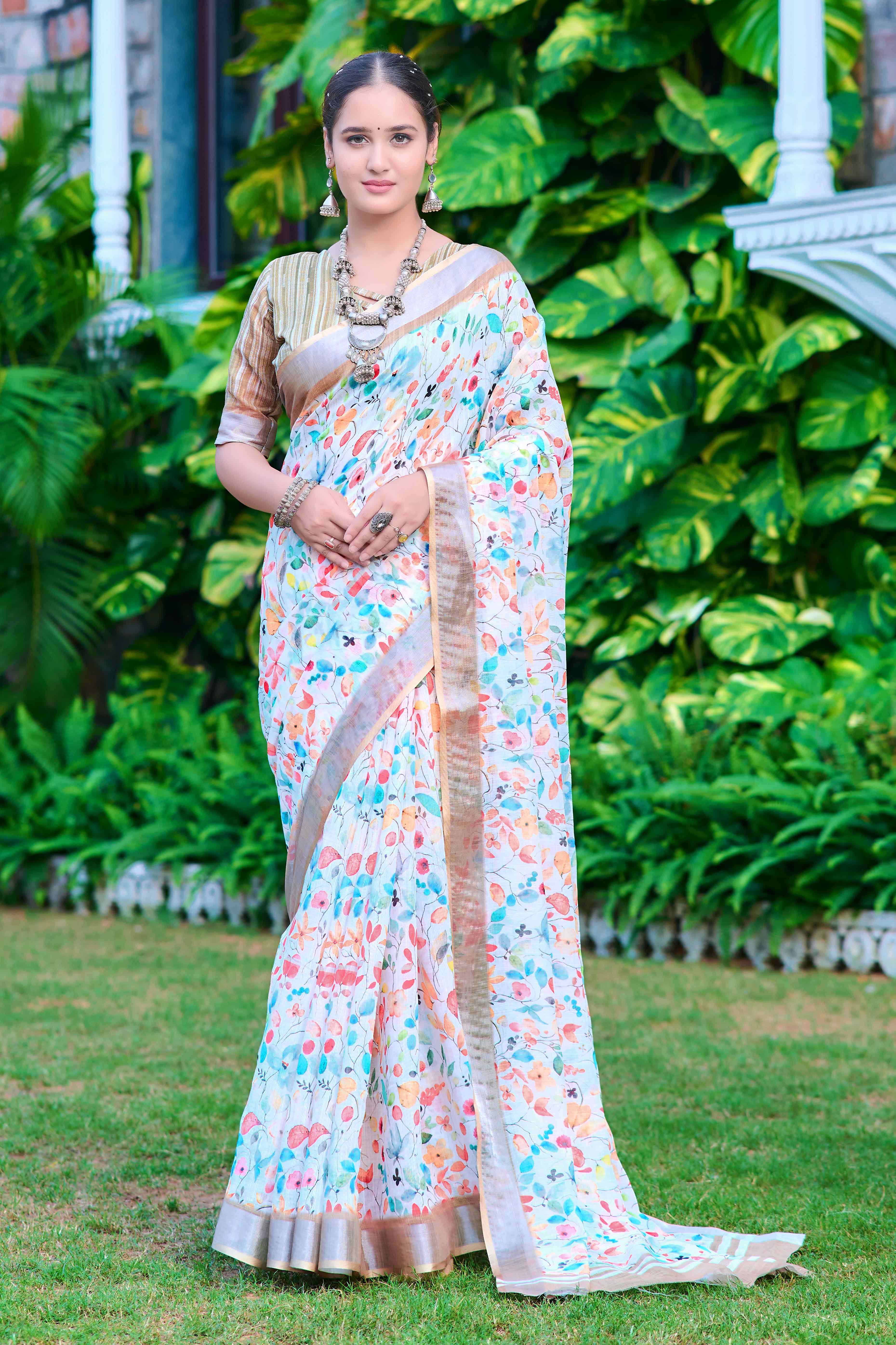 White & Blue Floral Printed Linen Saree