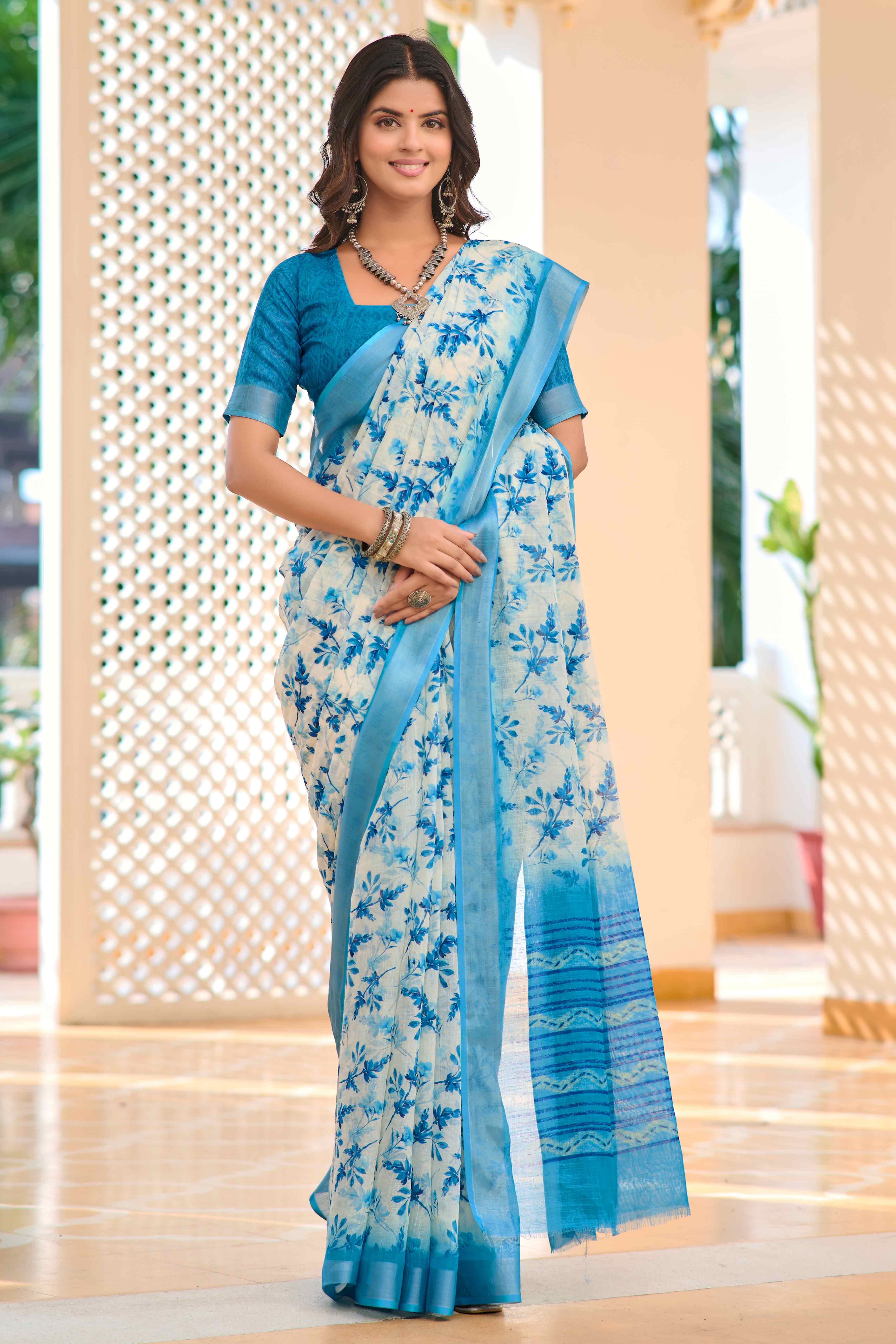 White & Blue Floral Printed Linen Saree