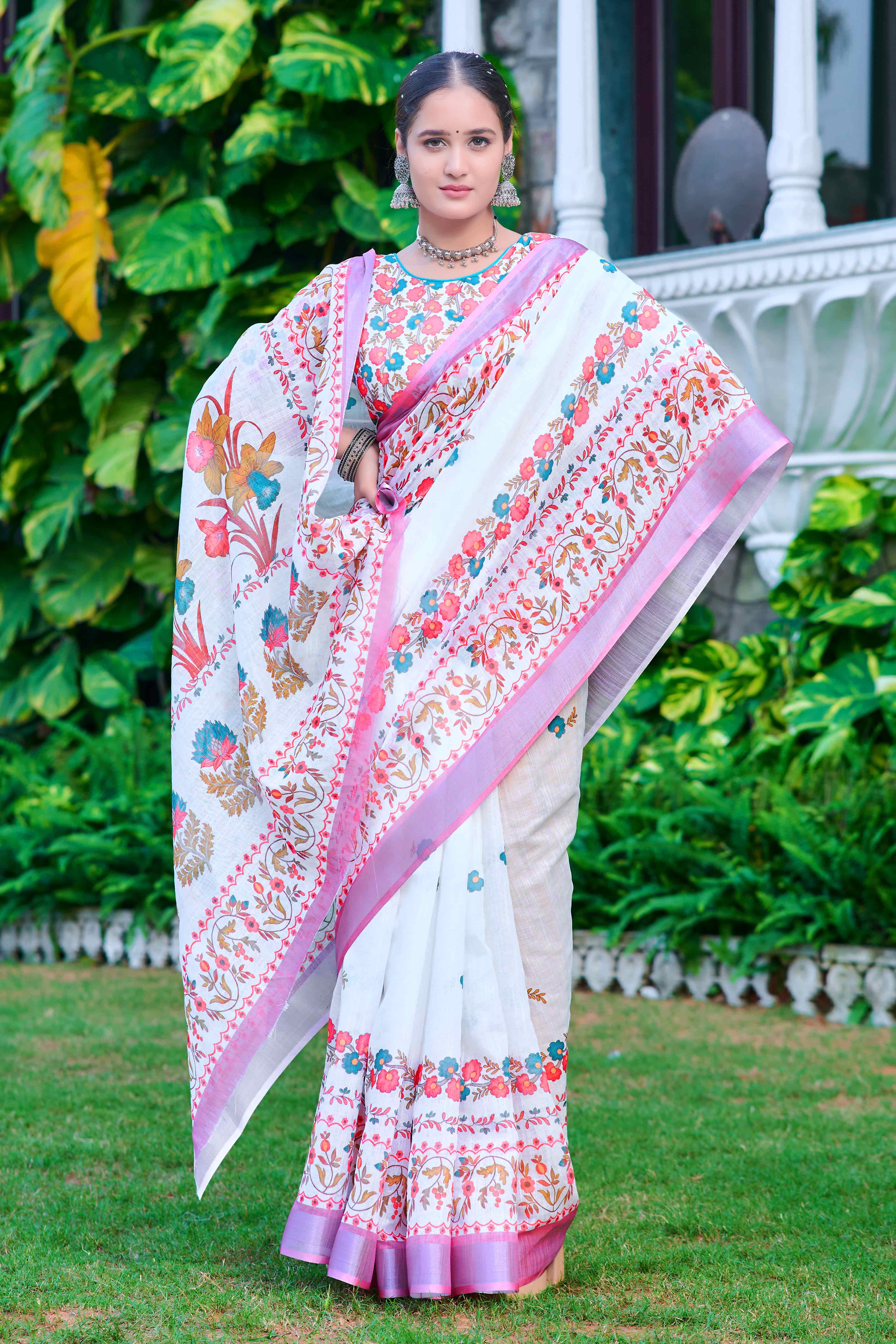 White & Pink Floral Printed Linen Saree