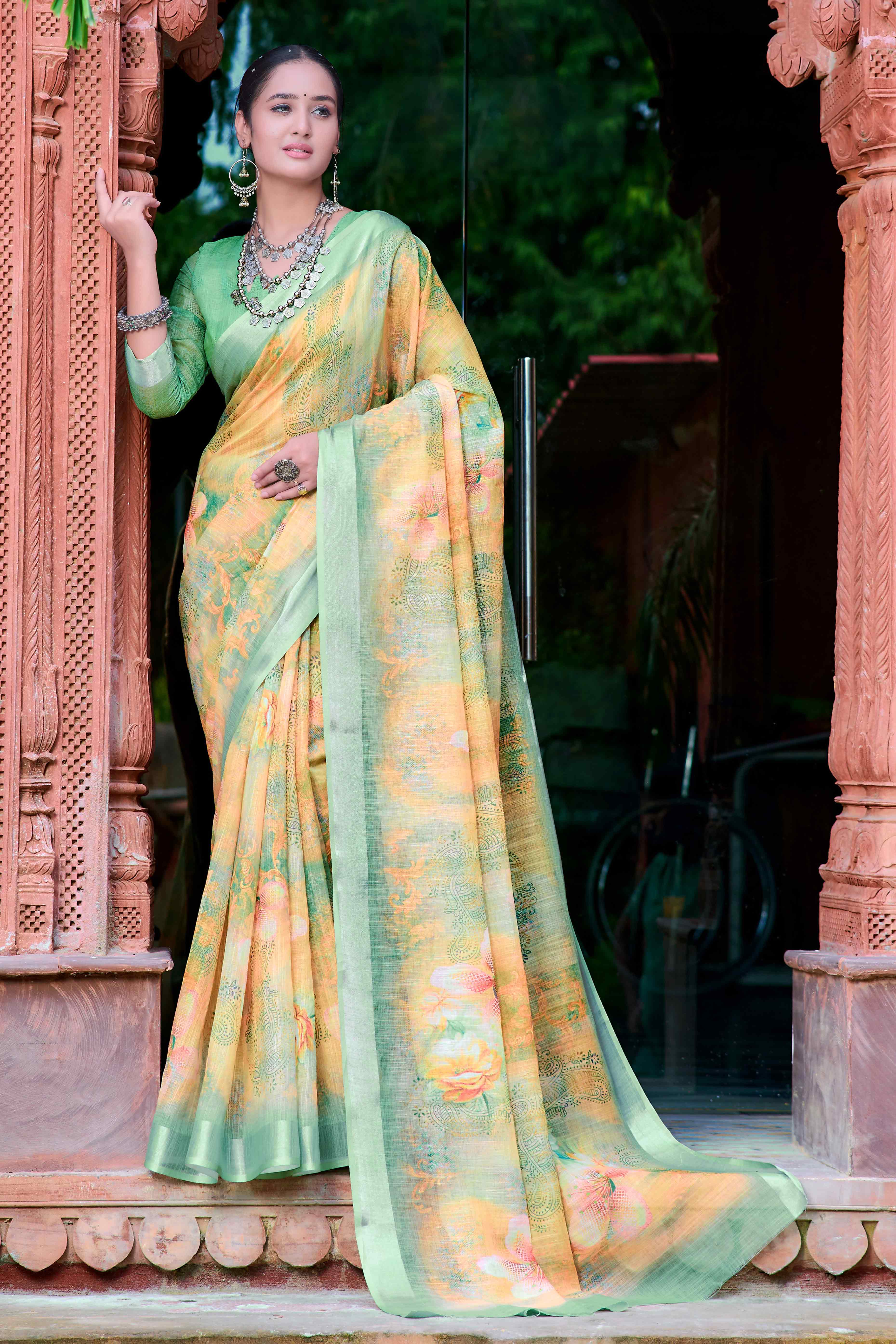Yellow Floral Printed Linen Saree
