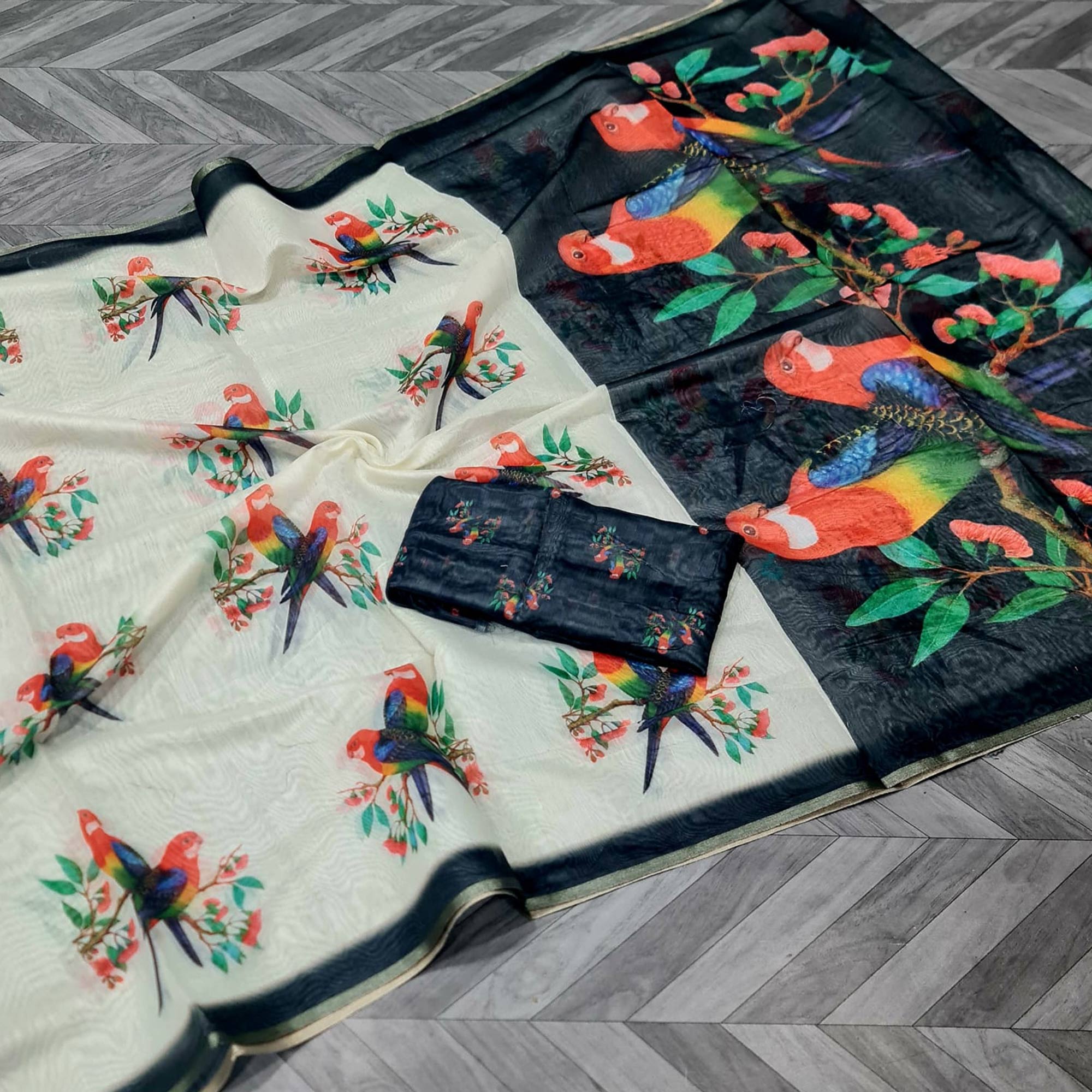 Off White Floral Printed Linen Cotton Saree