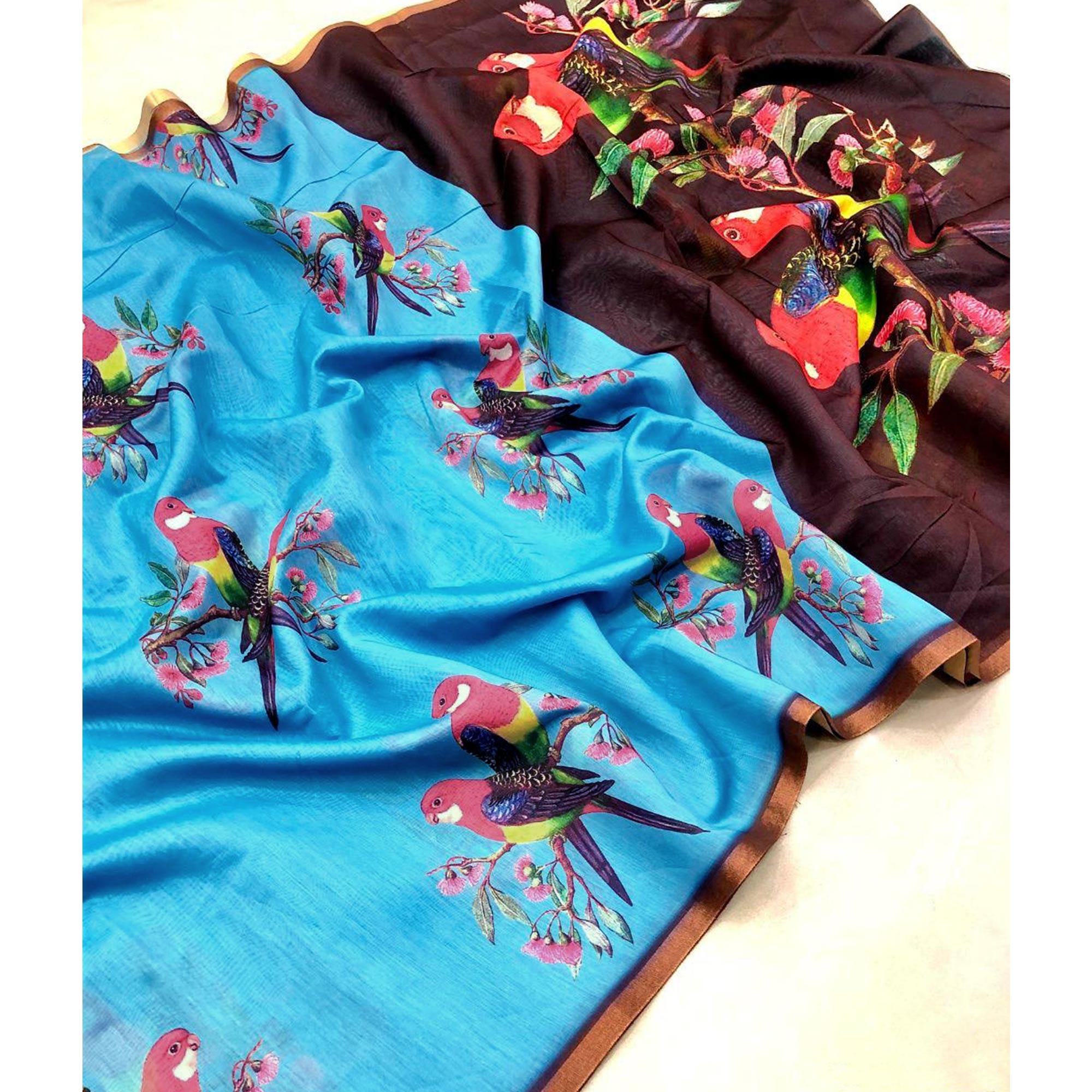 Sky Blue Floral Printed Linen Cotton Saree