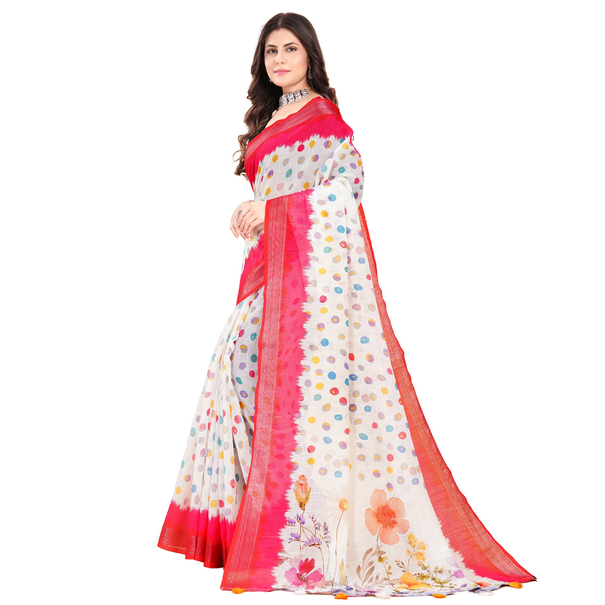 White Printed Linen Saree