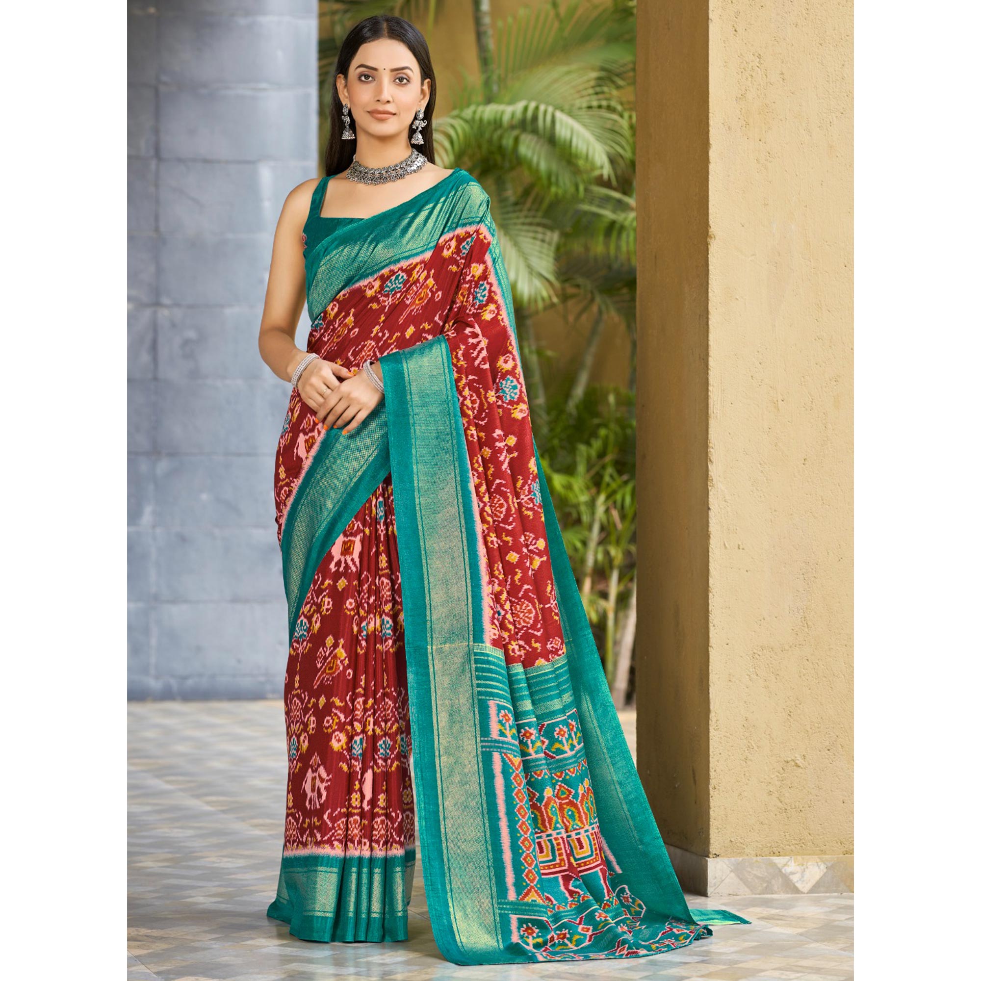 Red & Rama Blue Patola Printed Dola Silk Saree