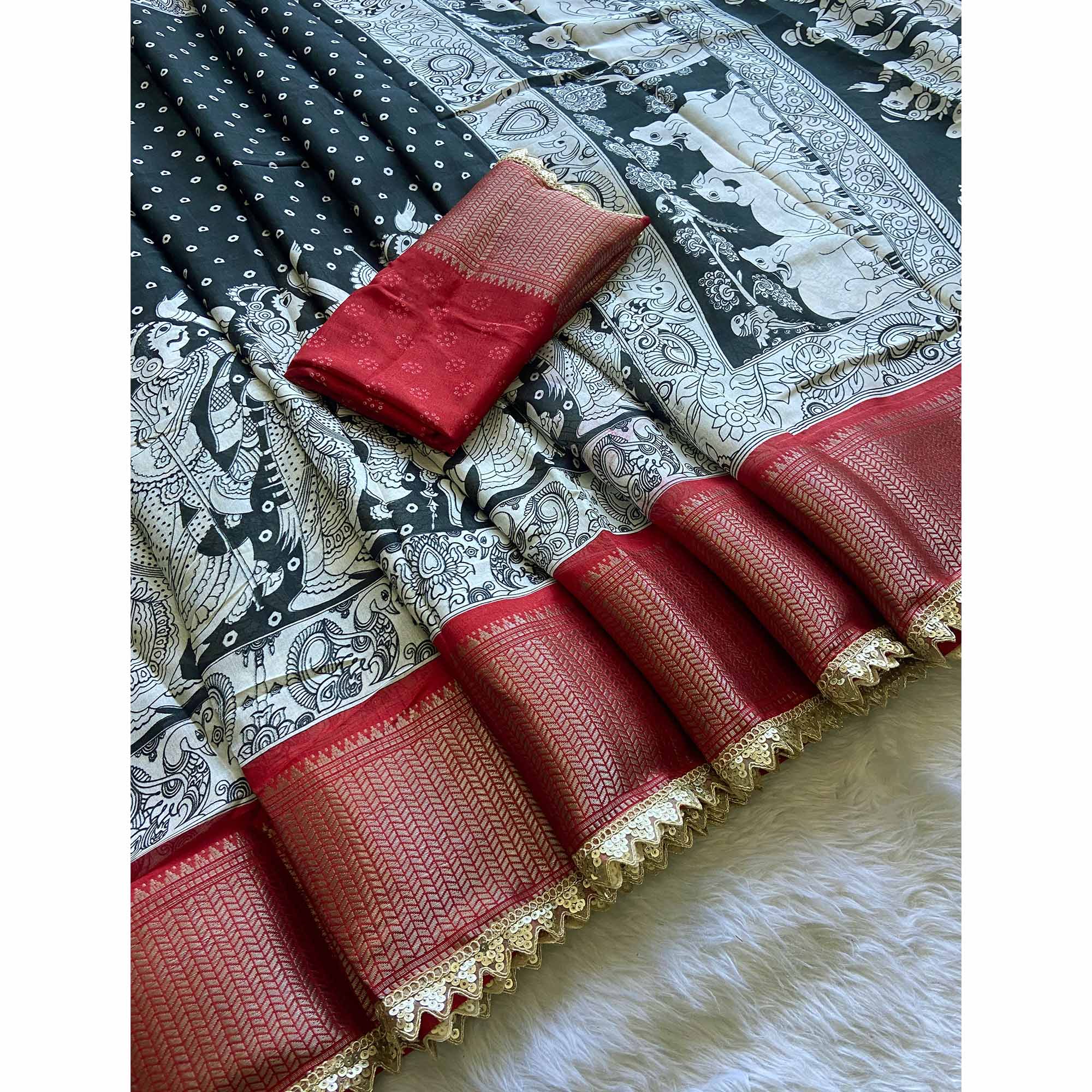 Black Printed Dola Silk Saree With Zari Border