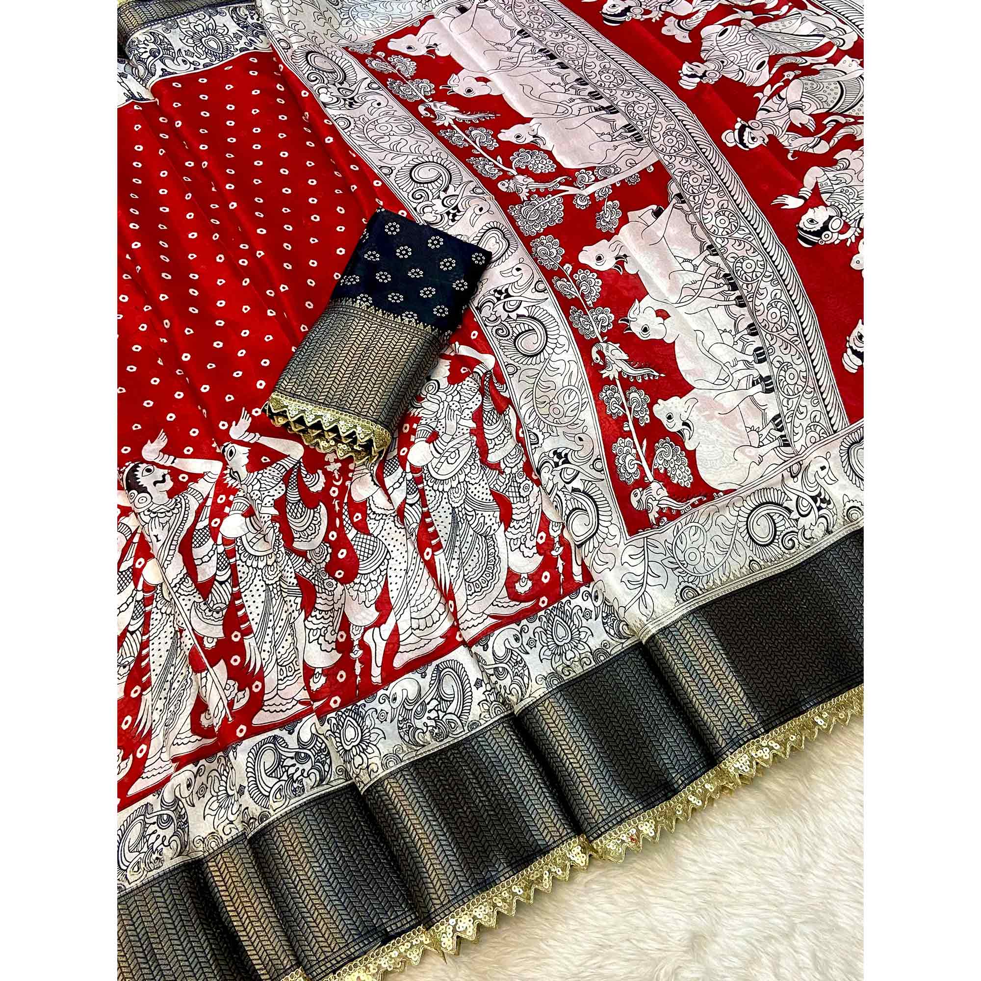 Red Printed Dola Silk Saree With Zari Border