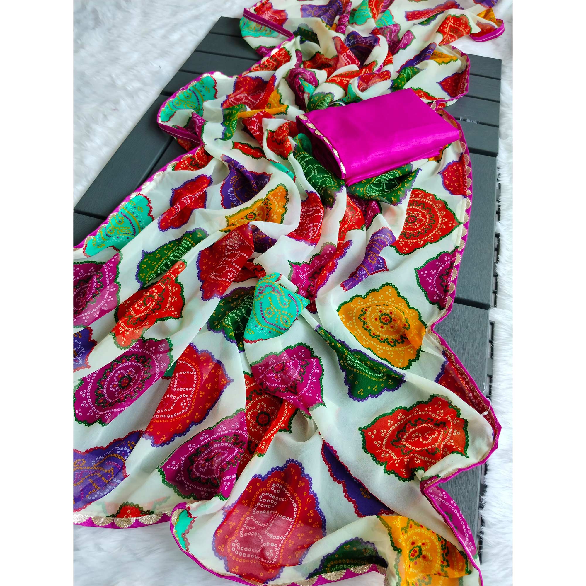 White Georgette Saree with Traditional Bandhani Prints