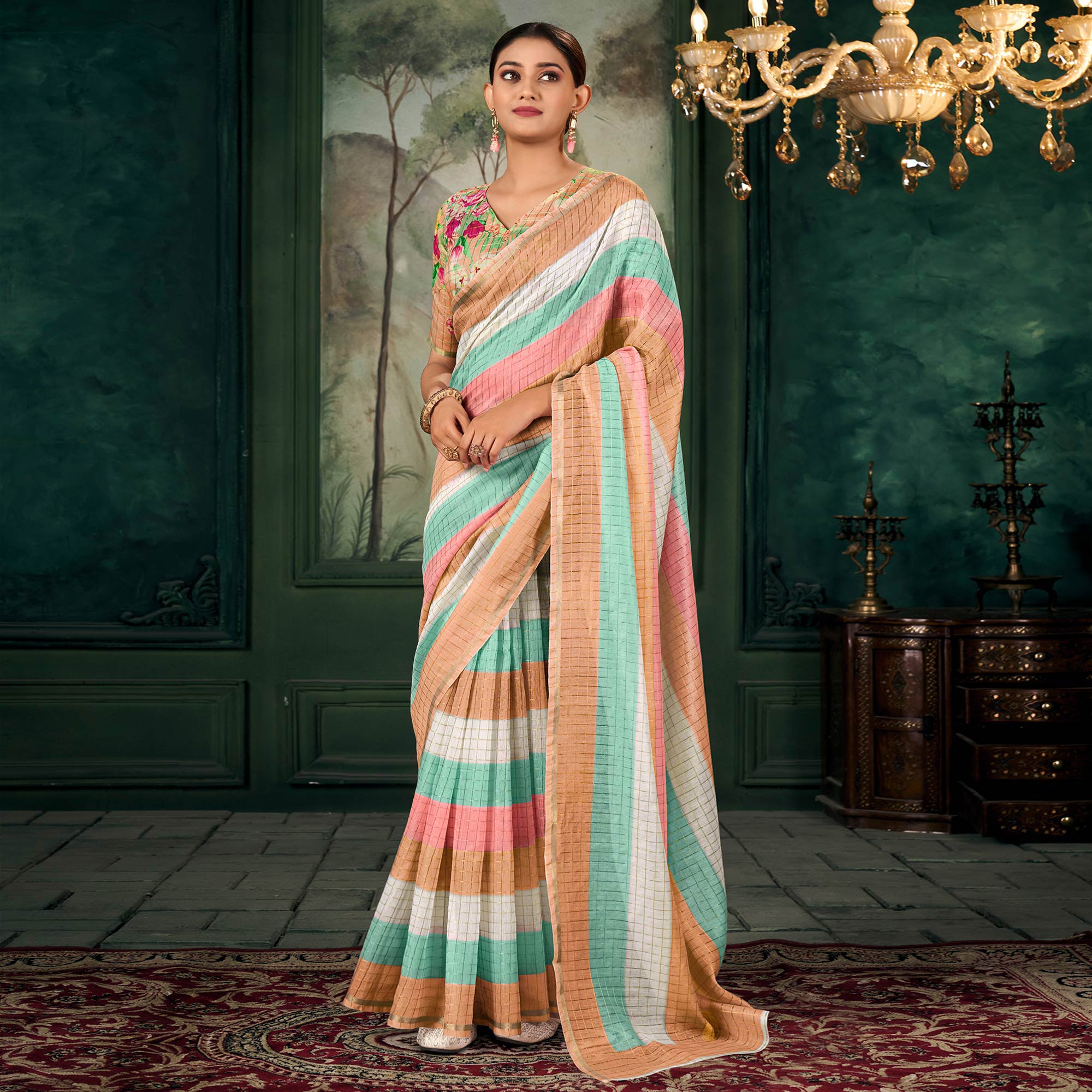 Peach Weaving Chanderi Saree