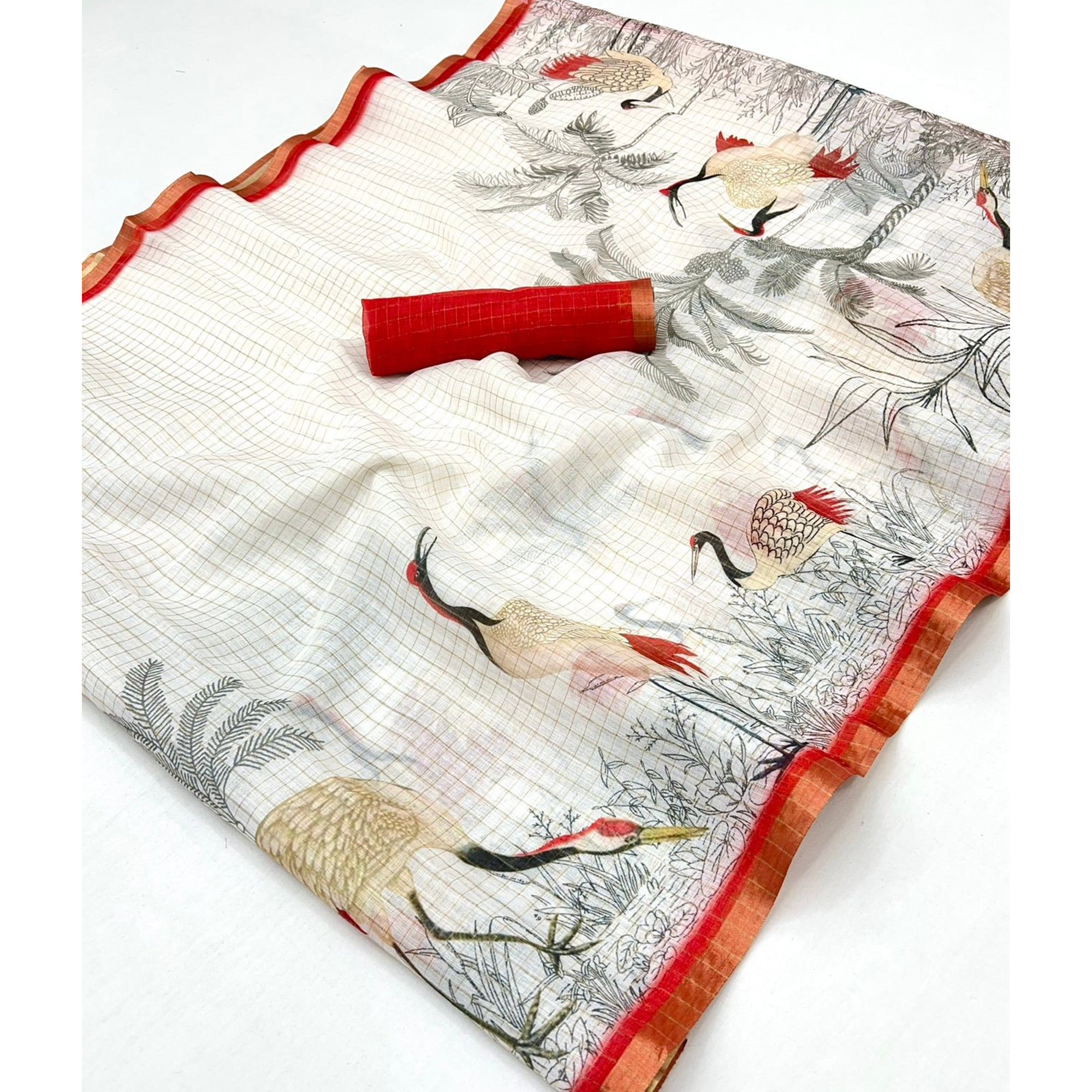 Off White and Red Checkered Printed Linen Saree with a Breezy Feel