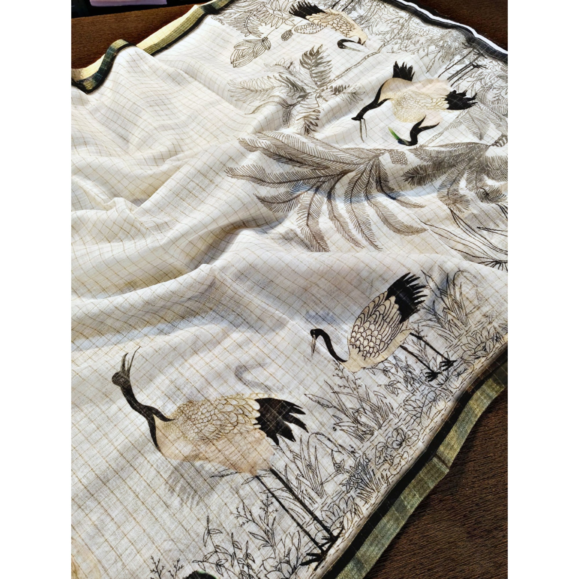 Off White and Black Checkered Printed Linen Saree with a Breezy Feel