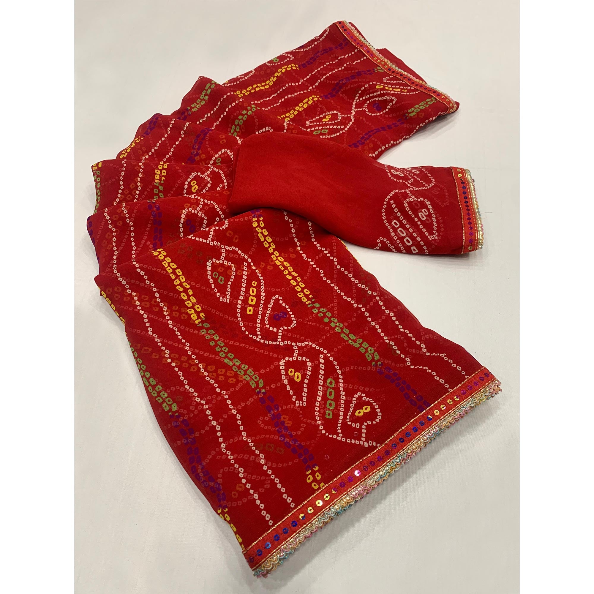 Red Bandhani Printed Georgette Saree