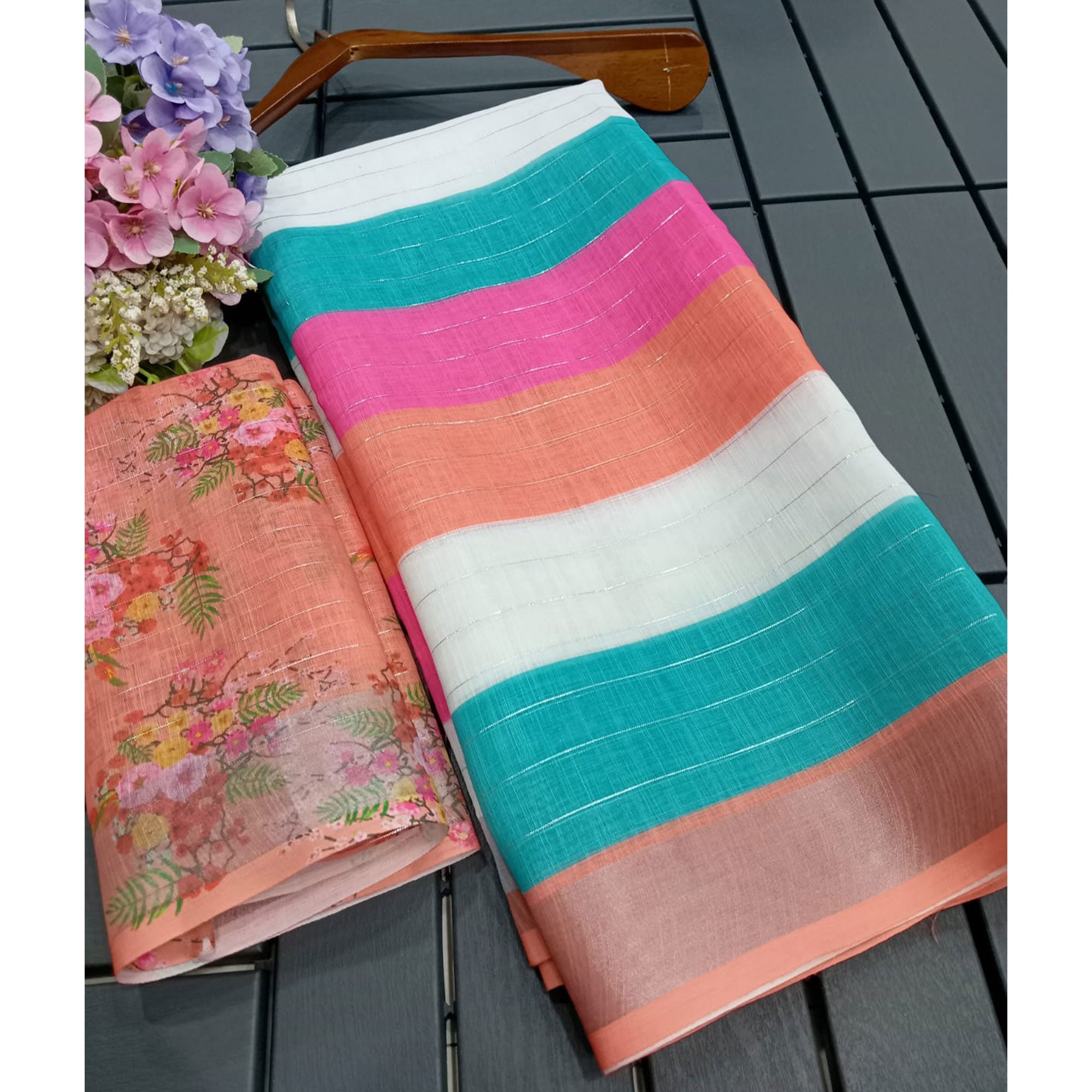 Multicolor Zari Weaving Linen Cotton Saree