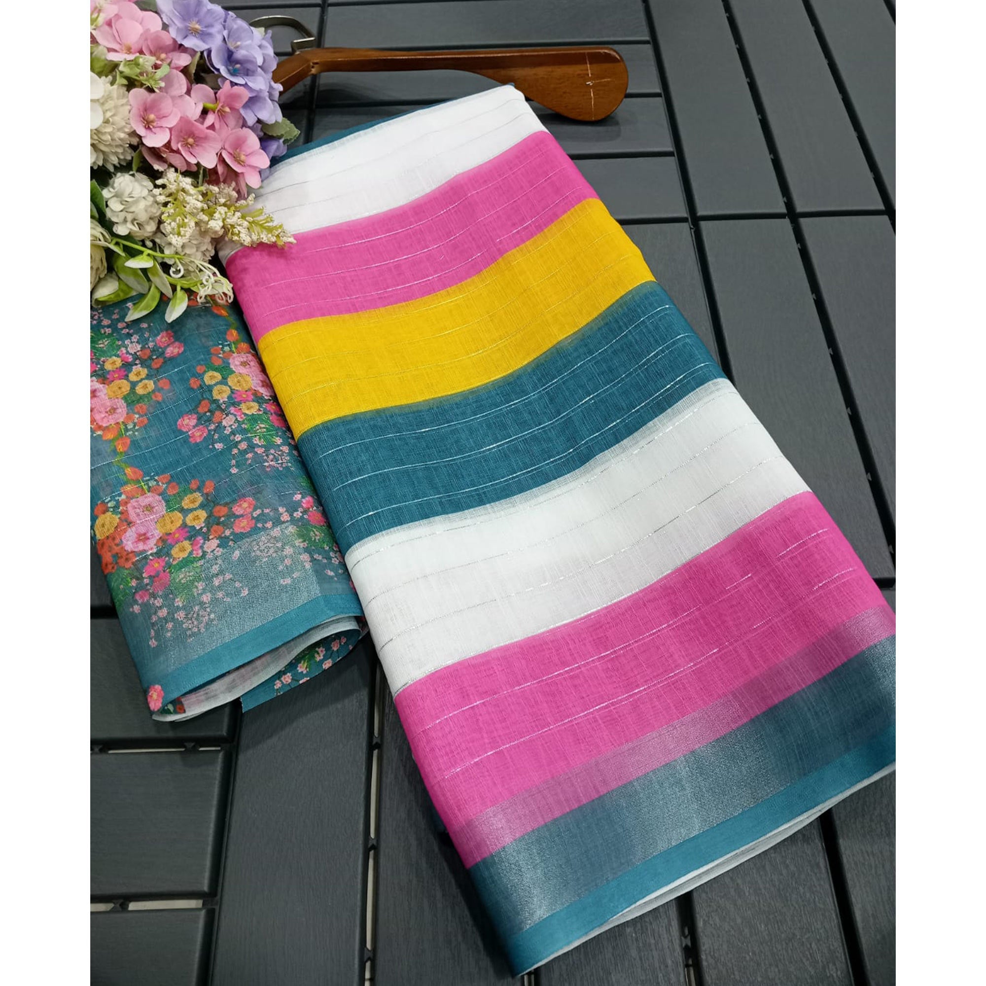Multicolor Zari Weaving Linen Cotton Saree