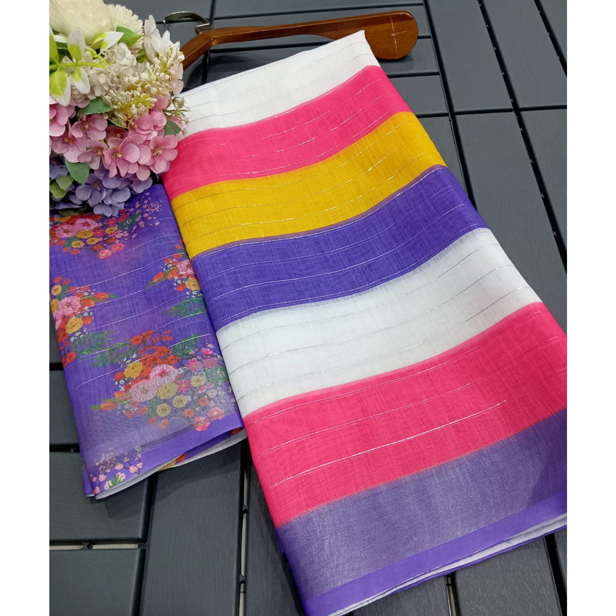 Multicolor Zari Weaving Linen Cotton Saree