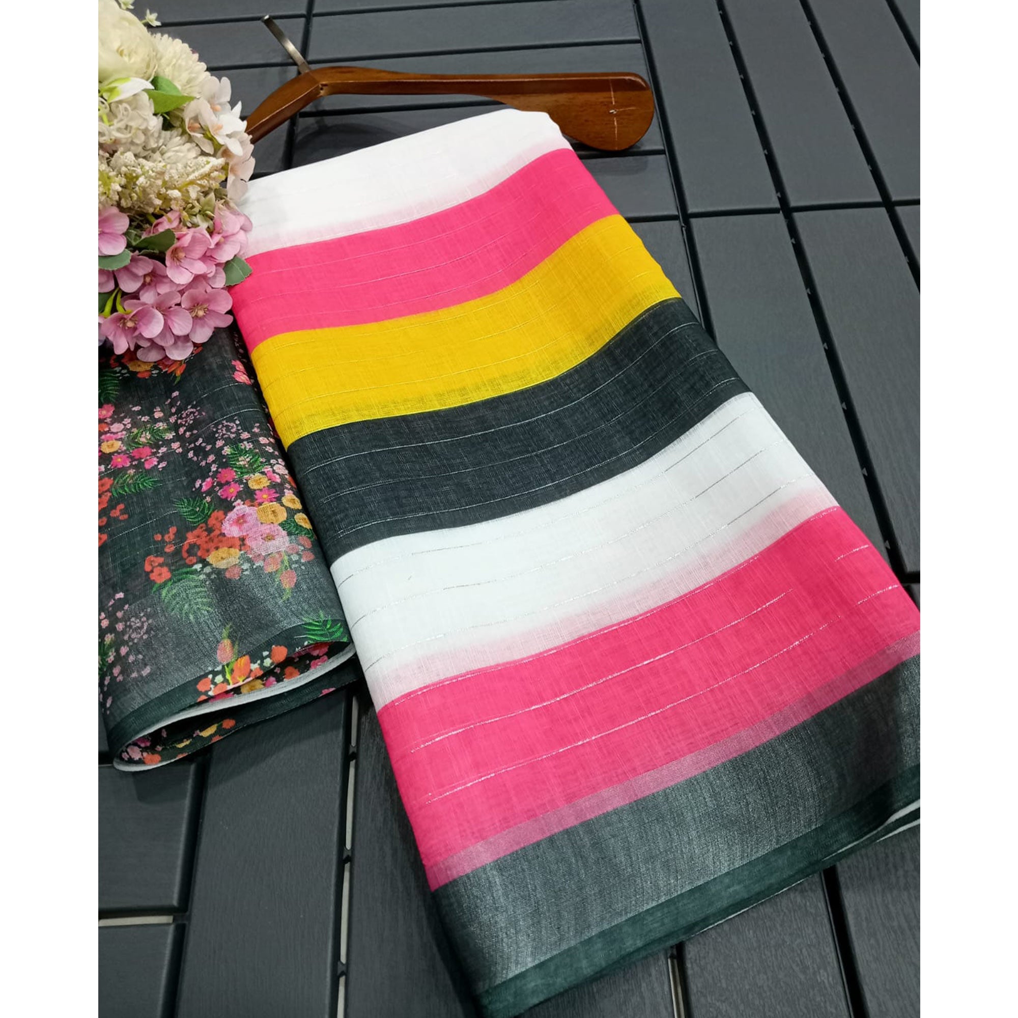 Multicolor Zari Weaving Linen Cotton Saree