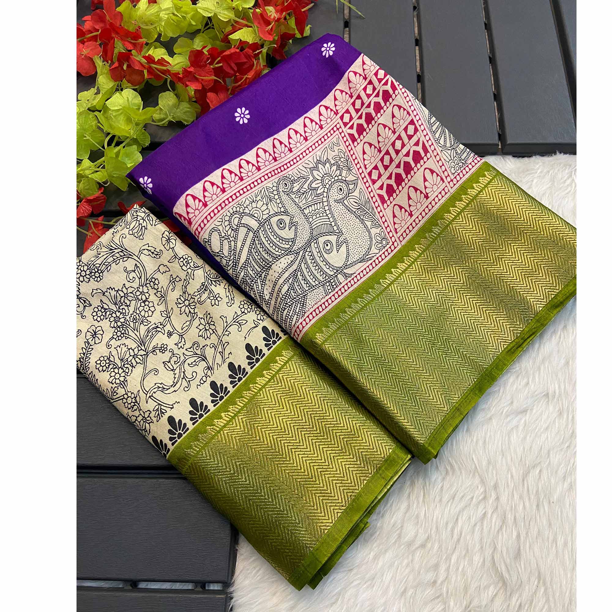 Purple & Green Floral Printed Dola Silk Saree With Woven Border