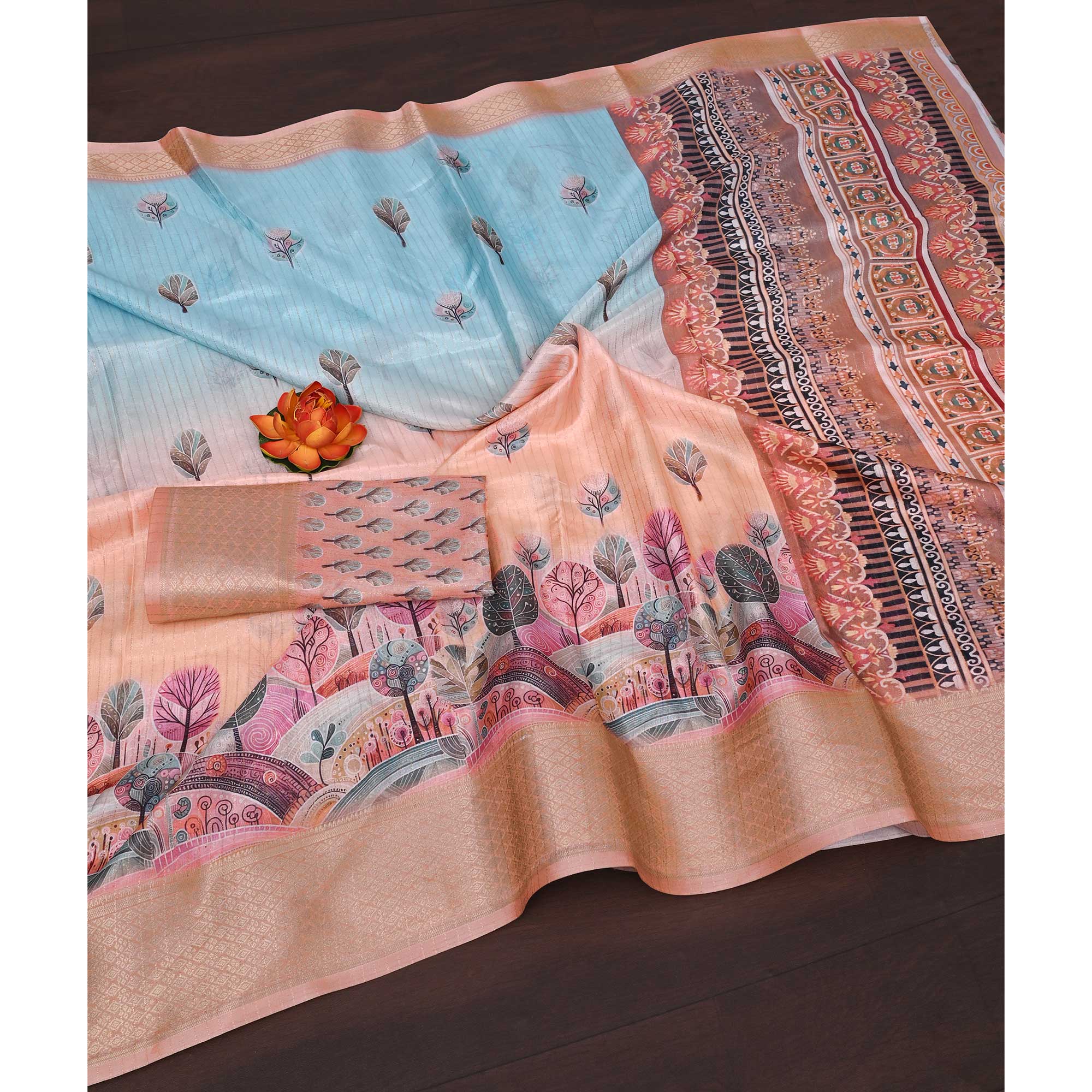 Peach & Blue Floral Printed Dola Silk Saree With Elegant Silver Zari & Intricate Weaving Border