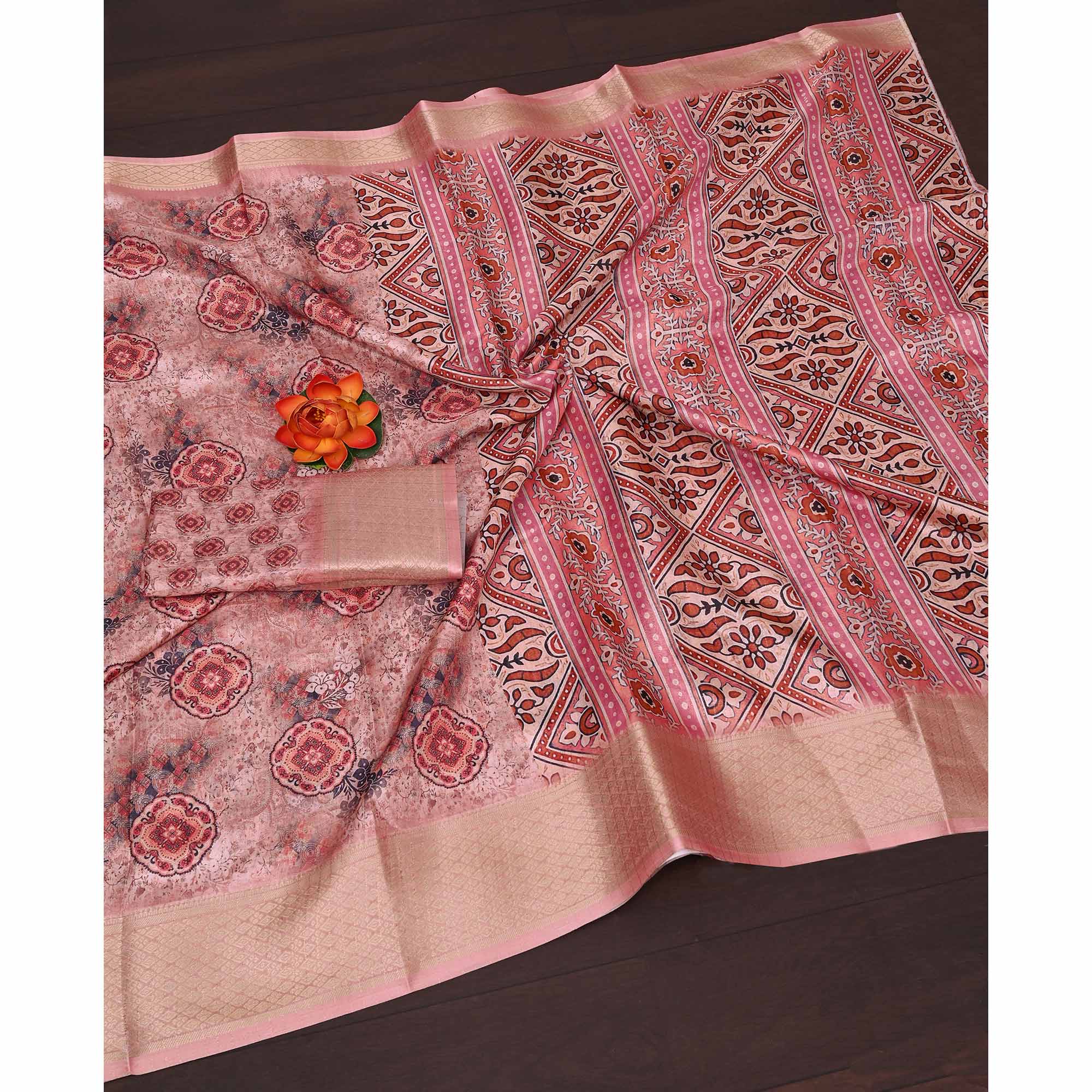 Peach Floral Printed Dola Silk Saree With Elegant Silver Zari & Intricate Weaving Border