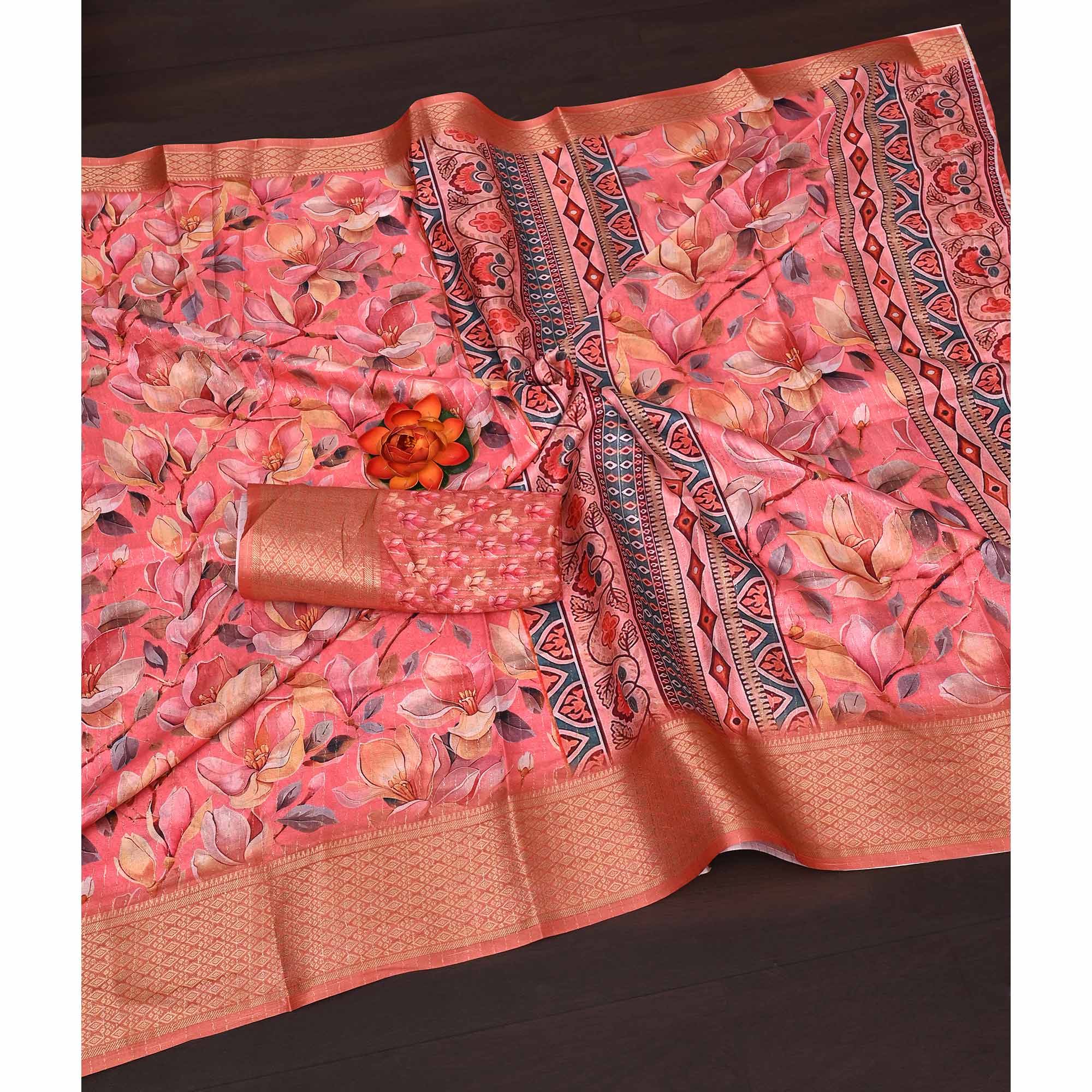 Salmon Pink Floral Printed Dola Silk Saree With Elegant Silver Zari & Intricate Weaving Border