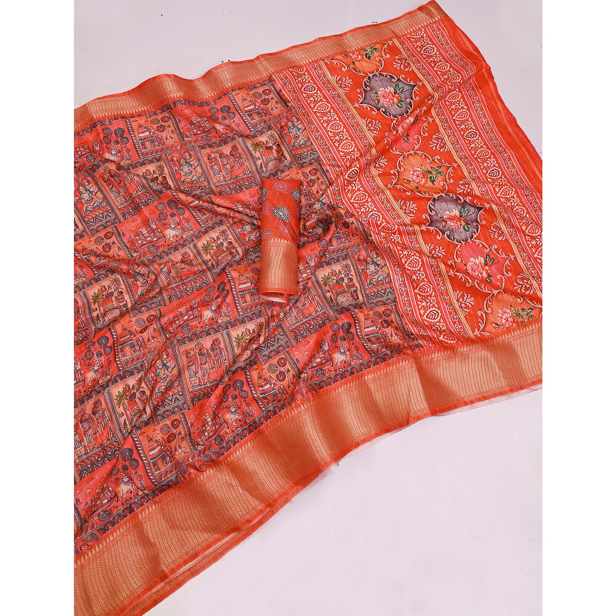 Orange Floral Printed Dola Silk Saree With Elegant Silver Zari & Intricate Weaving Border