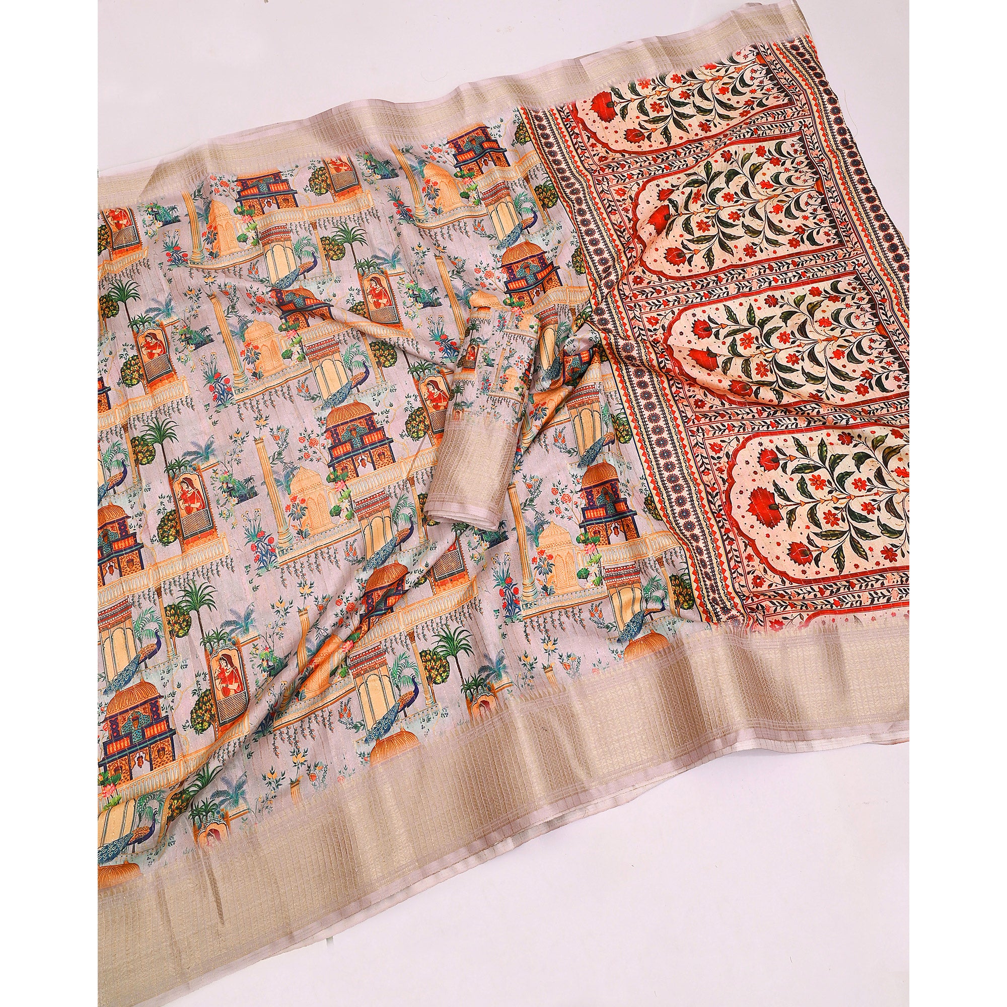 Light Grey Floral Printed Dola Silk Saree With Elegant Silver Zari & Intricate Weaving Border