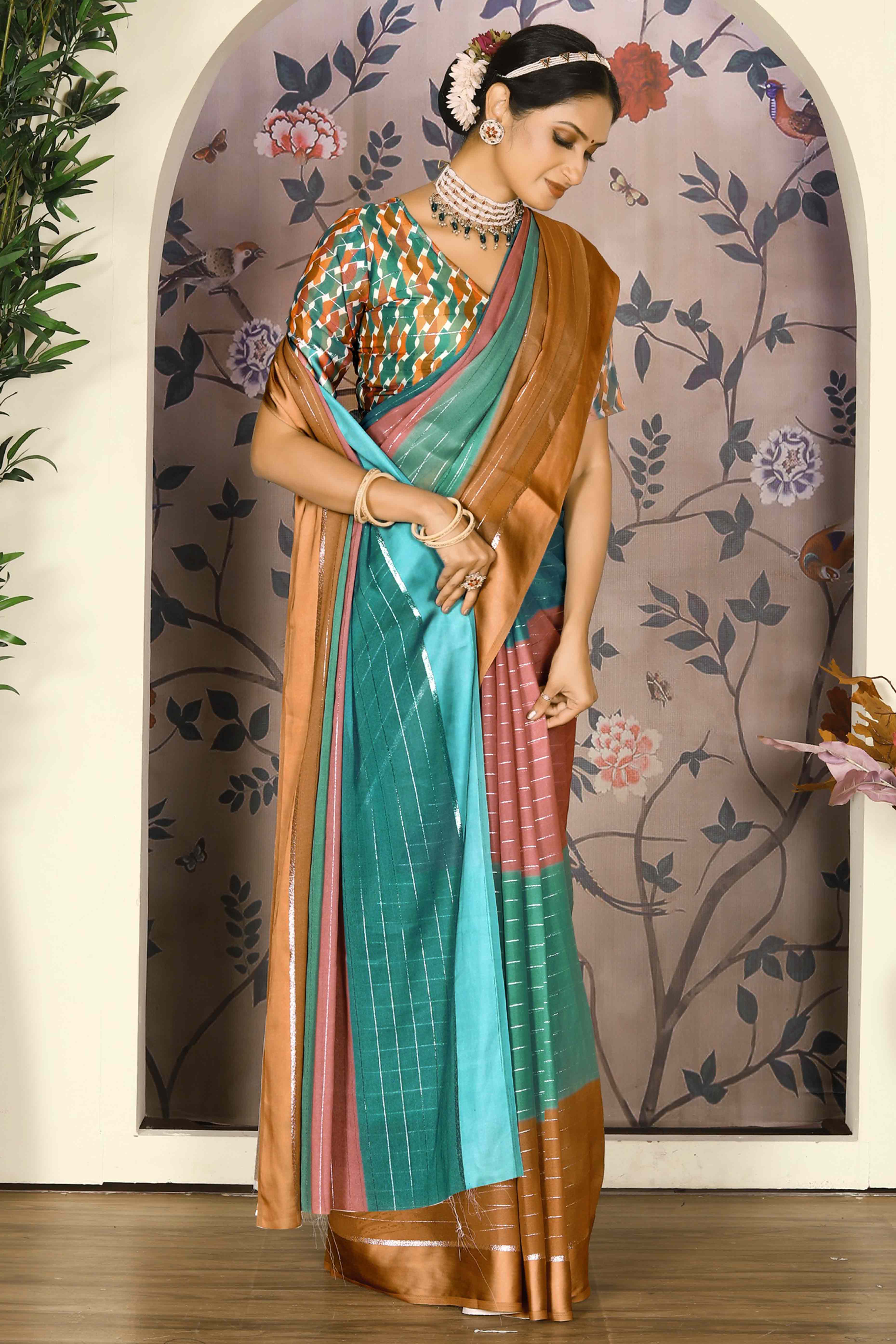 Multicolor Zari Weaving With Printed Chiffon Saree